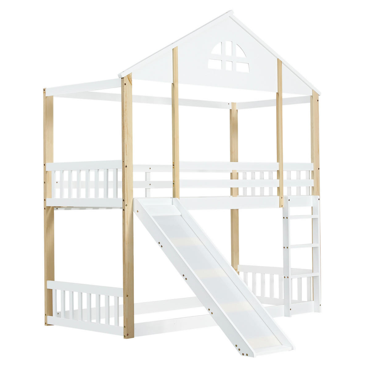 ETAGENBETT mit Rutsche und Treppe 90x200 cm Weiß/Natur - Weiß, Holzwerkstoff (90/200cm) - Beauniv