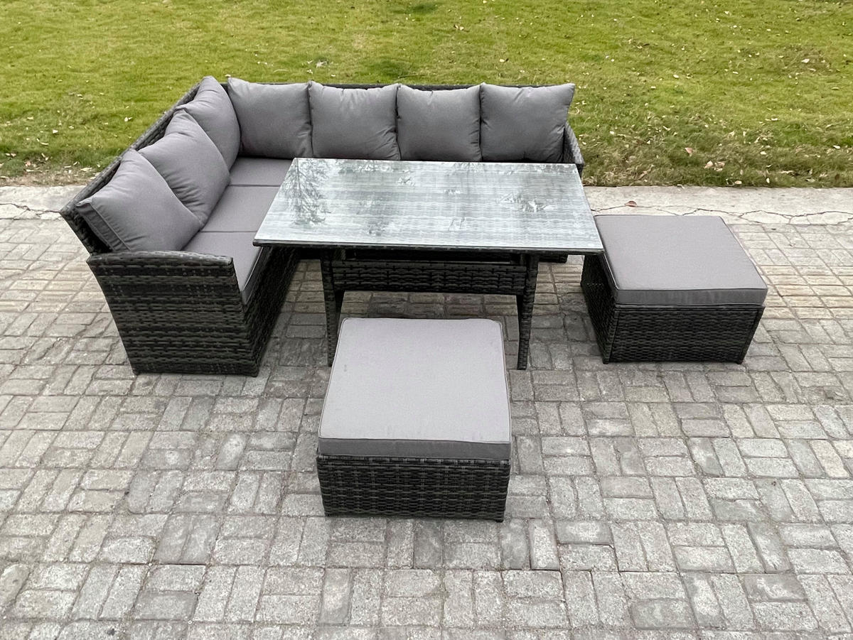 SITZGRUPPE mit Esstisch,2 Fußhocker Polyrattan Dunkelgrau 8-Sitzer - Dunkelgrau/Grau, Glas/Kunststoff - Fimous