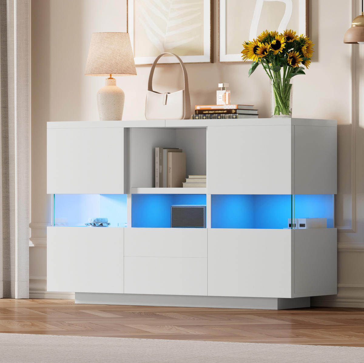 SIDEBOARD 140/35/75 cm weiß aus Holzwerkstoff mit LED und Glas - Weiß, Holzwerkstoff (140/75/35cm) - OKWISH