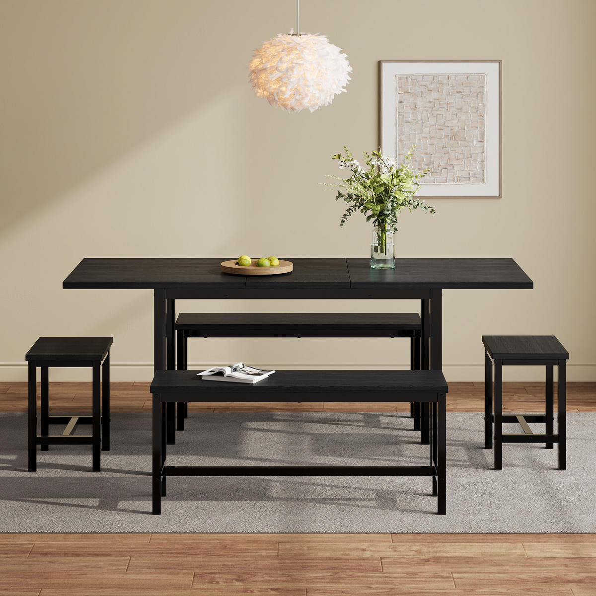 TISCHSET Ausziehbar mit mit 2 Bänken und 2 Hockern - Schwarz, Holzwerkstoff/Metall (70/75/160cm) - Urban Meuble