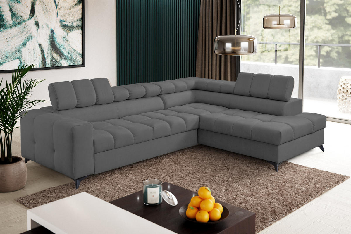 ECKSOFA Andrea L-Form mit verstellbaren Kopfstützen Schlaffunktion Bettkasten 267 cm rechts dunkelgrau - Dunkelgrau, Kunststoff (267/106cm) - Margaret Hadas24