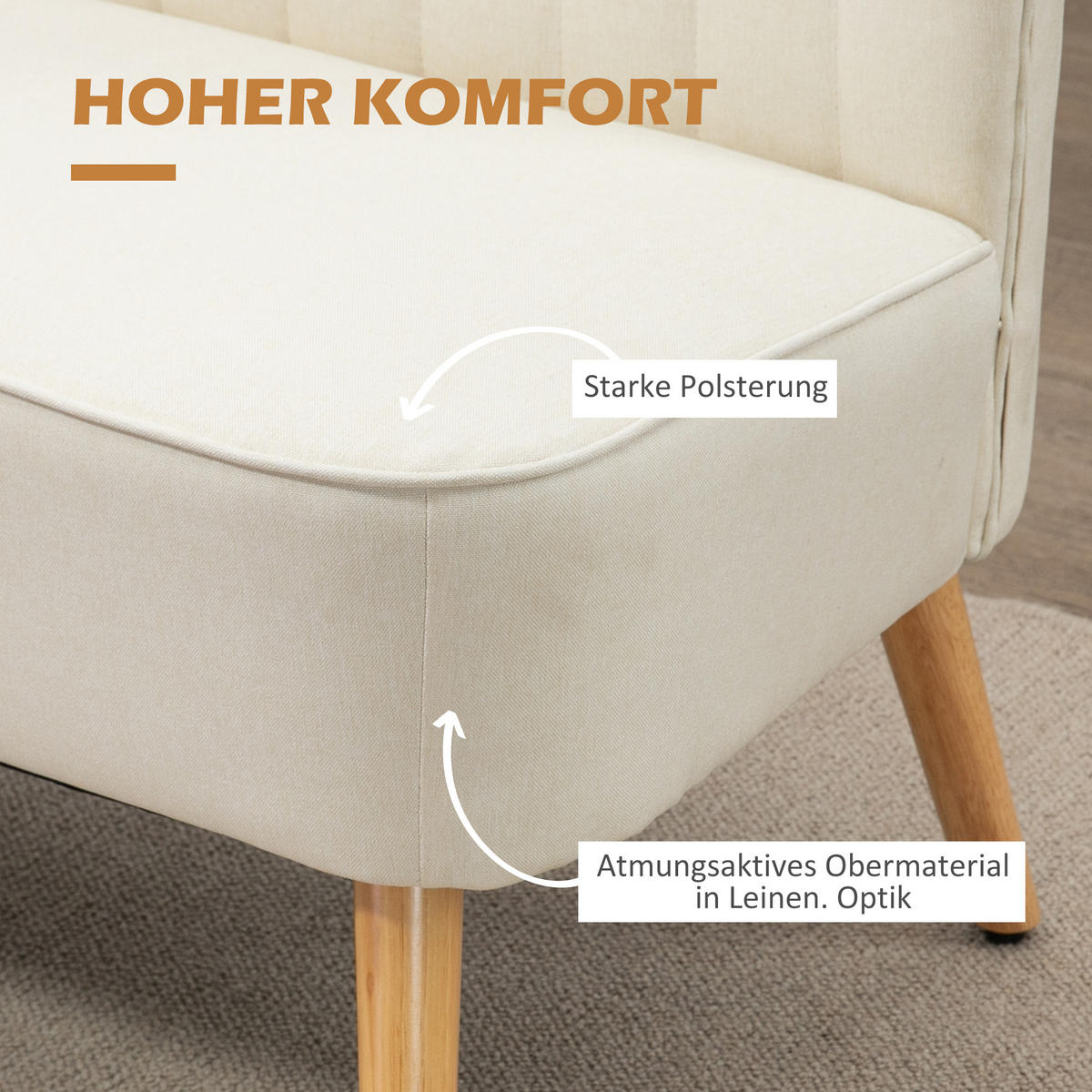 SOFA 2-Sitzer Couch Stoffsofa Sitzmöbel Polstersofa Loungesofa breit Cremeweiß - Creme/Naturfarben, Holz/Textil (56.5/77/117cm) - HOMCOM