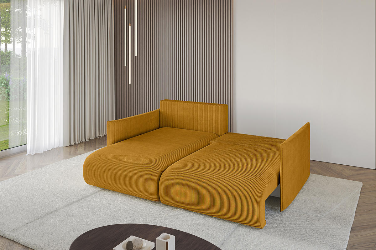ECKSOFA mit Schlaffunktion und Bettkasten ONESK-L 208x165x40 Senfgelb Cord - Currygelb, Holzwerkstoff/Kunststoff (208/165cm) - ALTDECOR