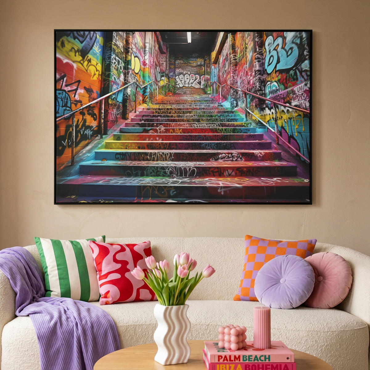 LEINWAND Bilder mit Rahmen - Treppe - Graffiti - Farben - Kunst - 150x100 - Multicolor, Textil (150/100cm) - MuchoWow