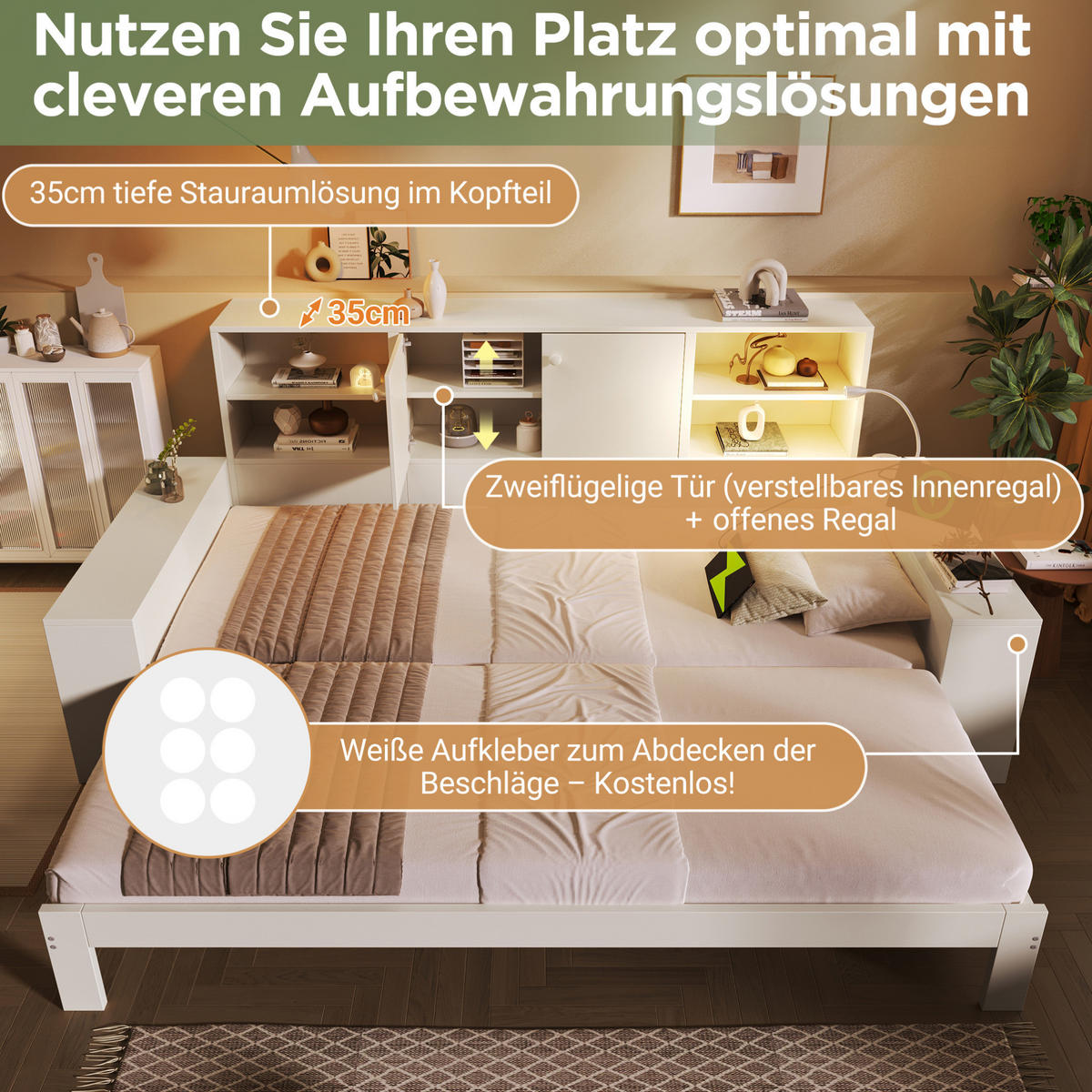 DENNÁ posteľ 90/200 cm biela s výsuvným lôžkom, úložným priestorom a USB portmi z MDF a preglejky - biela, kompozitné drevo (90/200cm) - OKWISH