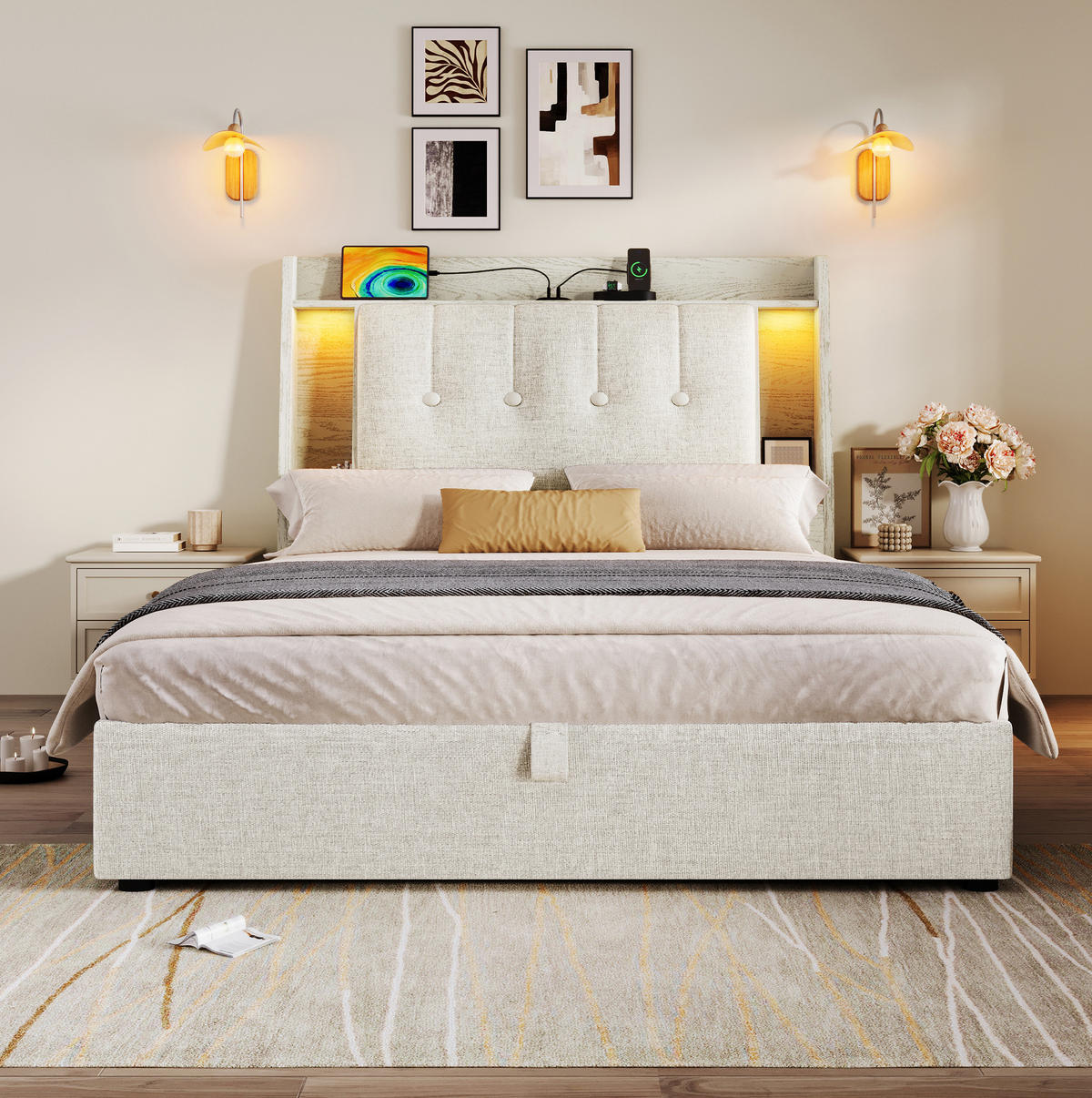 POLSTERBETT 90/200 cm in Beige mit LED-Beleuchtung und USB- und Type-C-Anschlüssen - Beige, Textil (90/200cm) - Flora Grace