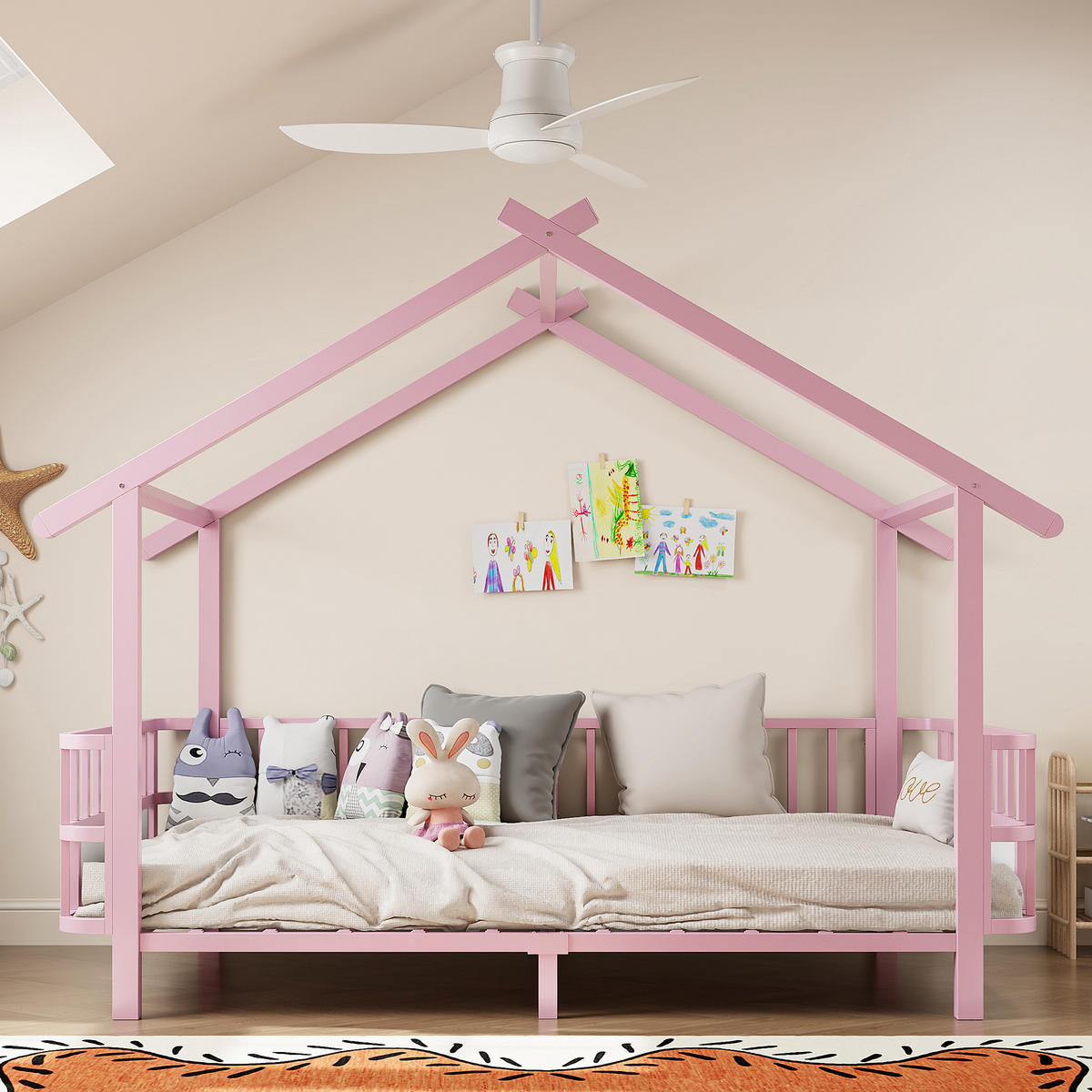 KINDERBETT 90/200 cm in Rosa mit Sicherheitsgitter und Dachdesign aus Metall - Rosa, Metall - STILVORA
