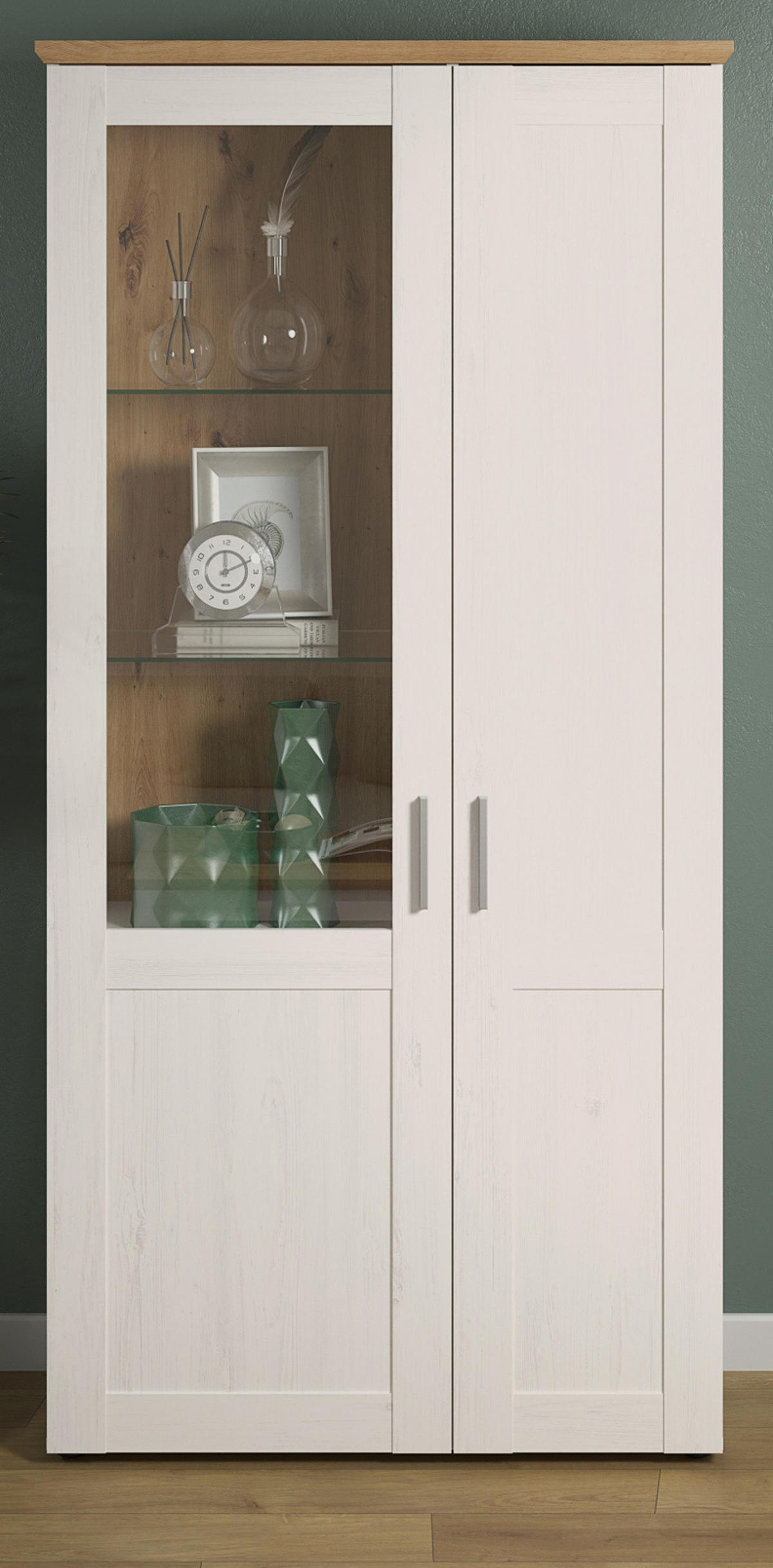 VITRINE Pinie weiß, Eiche Artisan 95 x 194 cm, Vitrinenschrank Landhaus-Stil - Silberfarben/Schwarz, Glas/Holzwerkstoff (95/195/38cm) - Top.Furn