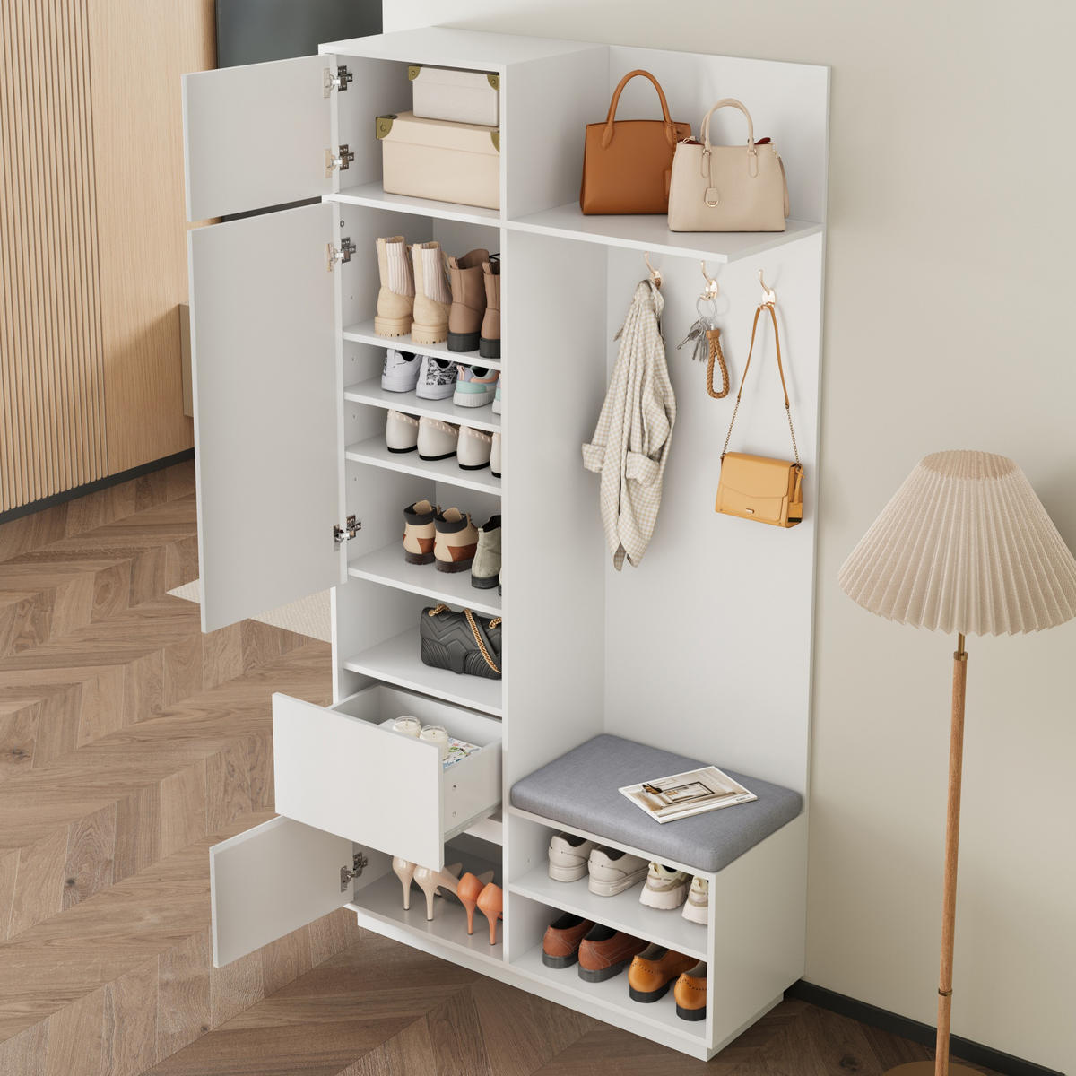 GARDEROBE Spiegel Sitzbank Schuhschrank - Weiß, Holz (90/190/34.5cm) - Fortuna Lai