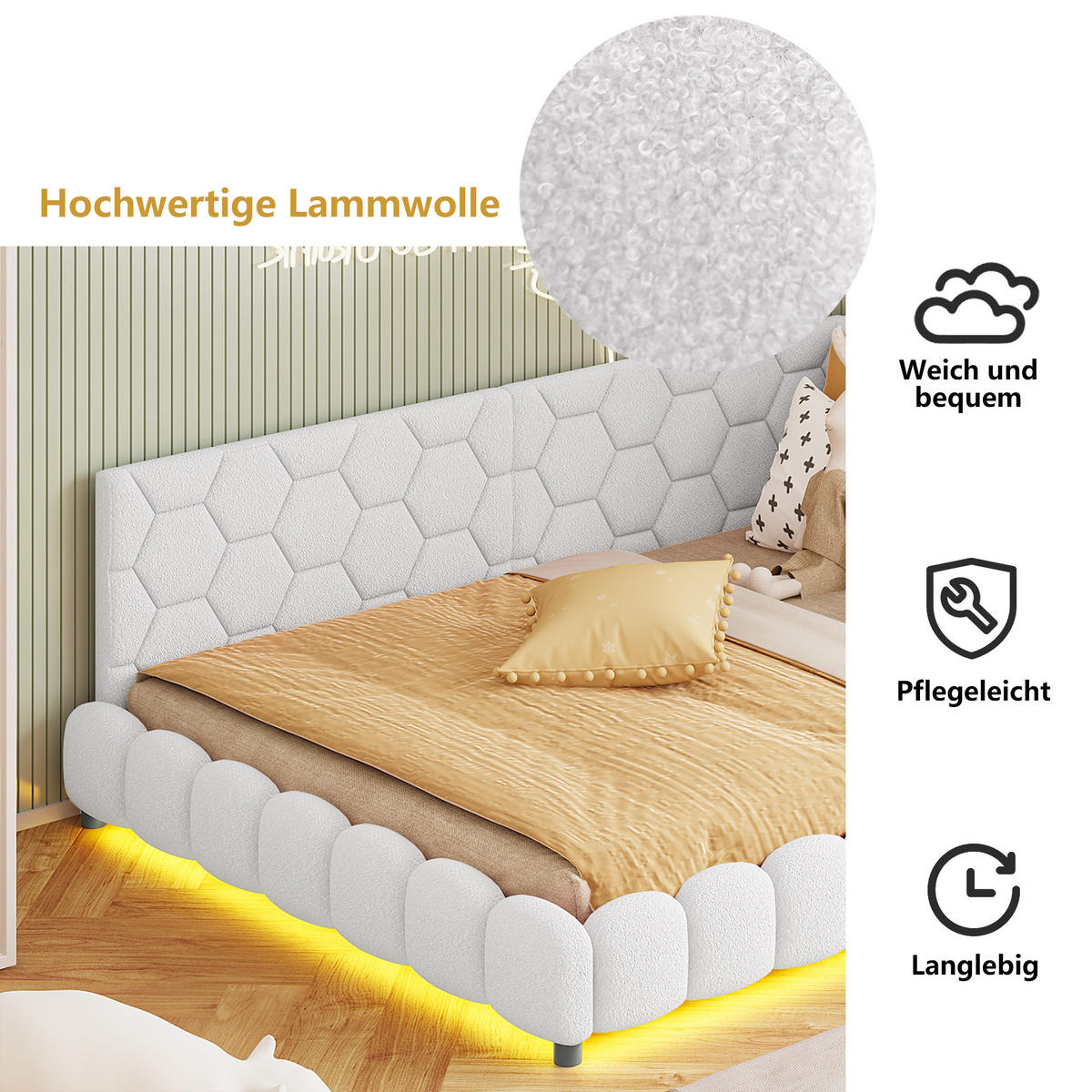 POLSTERBETT 140x200 cm aus Lammwolle, umlaufende RGB-LED, USB-Anschluss, in Weiß - Weiß, Holz (140/200cm) - BRILVERDE