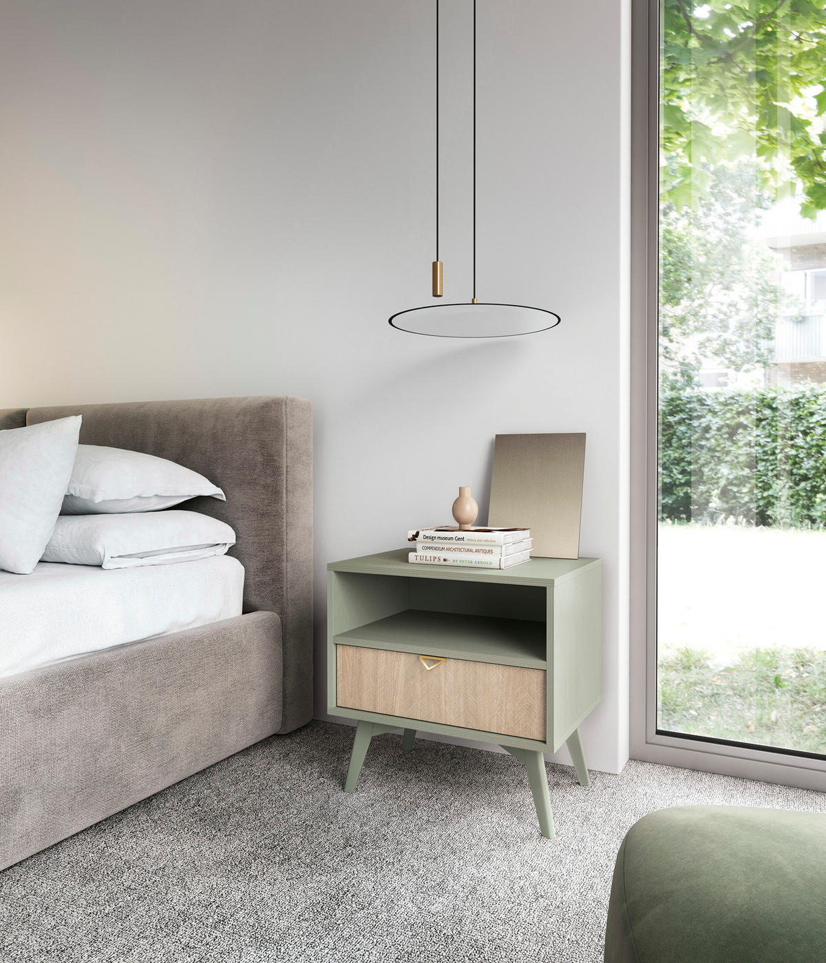 NACHTTISCH Silva in der Farbe Eukalyptus + Scandi-Fischgrätmuster mit Ablage und Schublade - Goldfarben/Grün, Holz/Holzwerkstoff (54/54/38cm) - Ravio