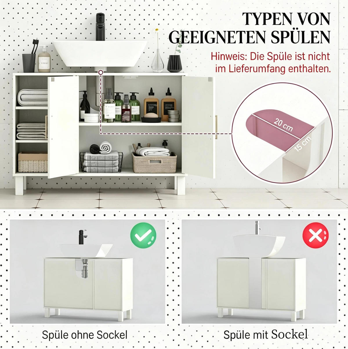 BADEZIMMERSCHRANK MDF Spanplatte 90x30x63 cm Creme Waschtischunterschrank mit Stauraum und U-Schnitt - Creme, Holzwerkstoff (90/63/30cm) - Modfu