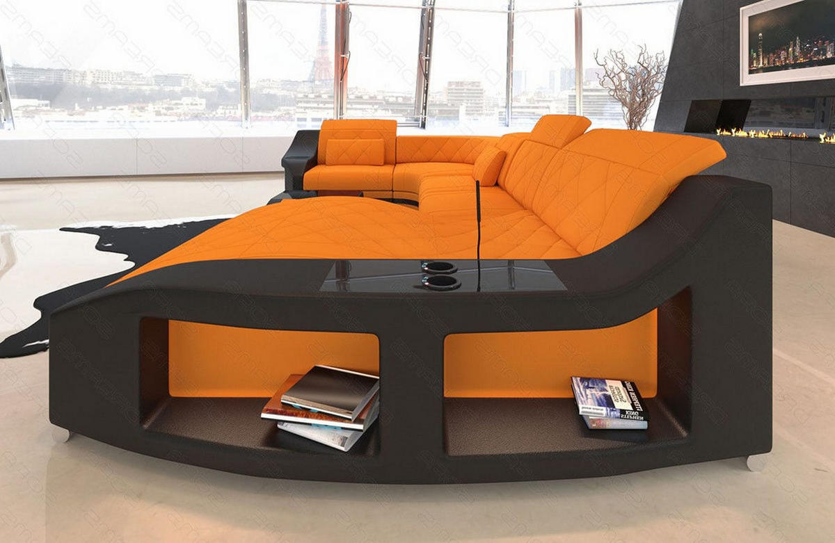 WOHNLANDSCHAFT Stoff Sofa Swing U Form Apricot Schwarz Mikrofaserstoff - Orange, Kunststoff (404/90/220cm)