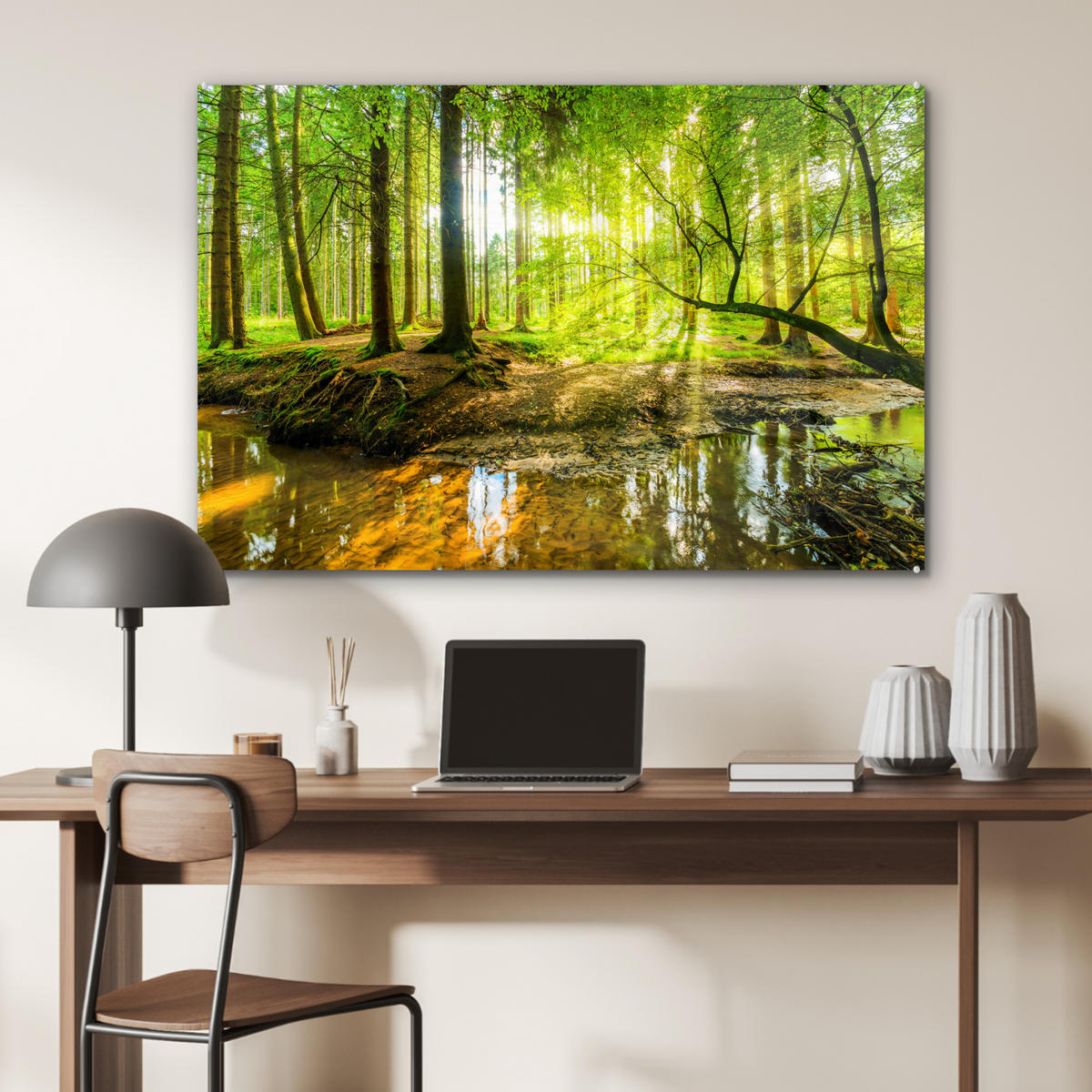 ACRYLGLASBILD Wald - Landschaft - Wasser - Bäume - Sonne - Grün - Natur 120x80 cm - Grün, Glas (120/80cm) - MuchoWow
