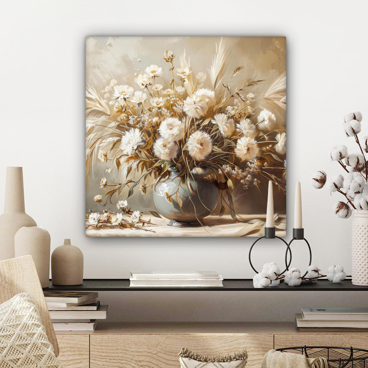 LEINWANDBILD Blumen - Vase - Stilleben - Beige 50x50 cm - Creme, Textil (50/50cm) - MuchoWow