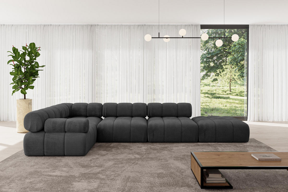 ECKSOFA modulares Sofa Felto-L2 - 380x190x70 cm Schwarz Velours - Schwarz, Holzwerkstoff/Textil (380/190cm) - ALTDECOR