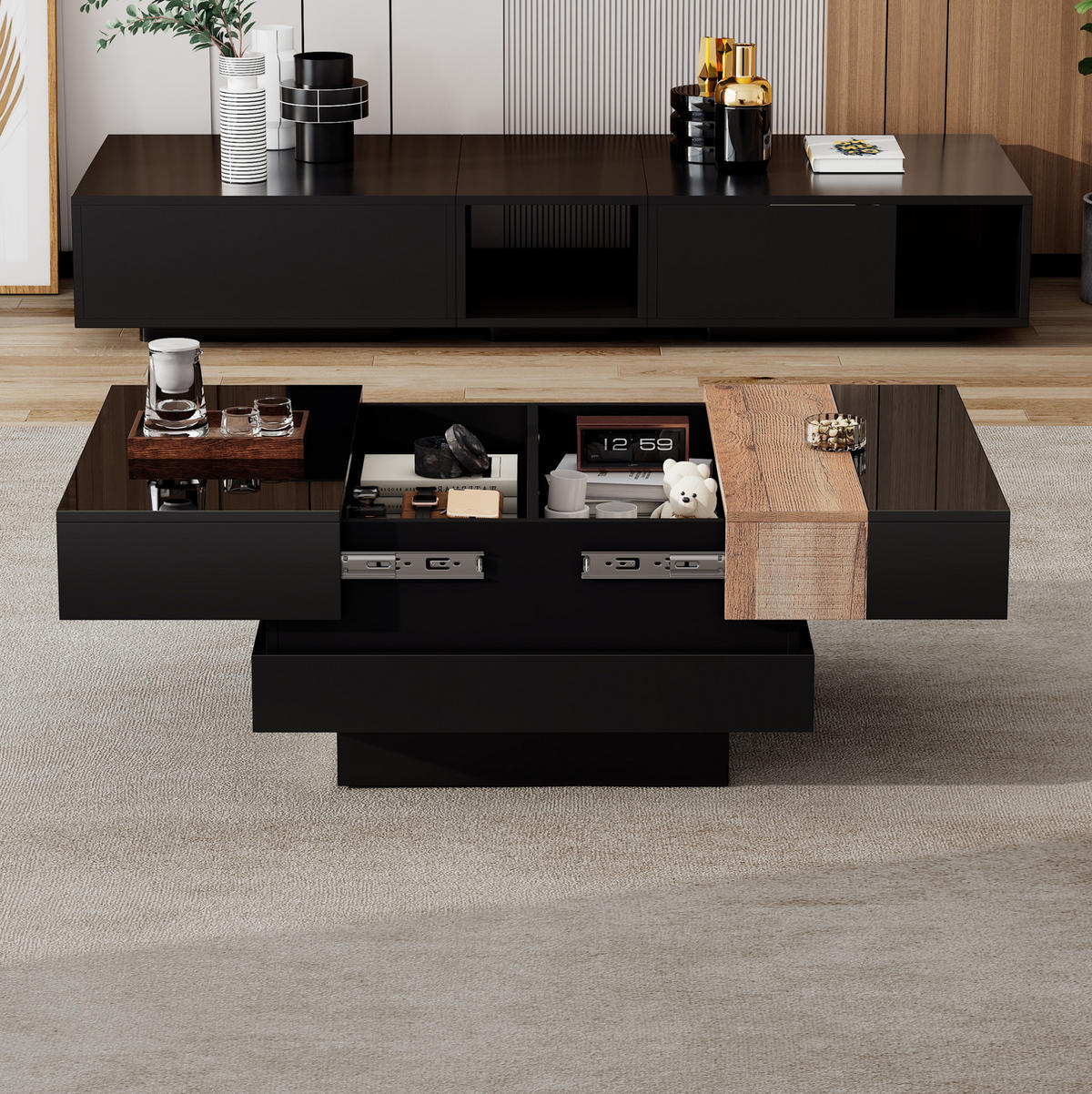 COUCHTISCH aus Spanplatte 70x70x39 cm Schwarz mit ausziehbarer Tischplatte und Stauraum - Schwarz, Holzwerkstoff (70/70/39cm) - IVMEU