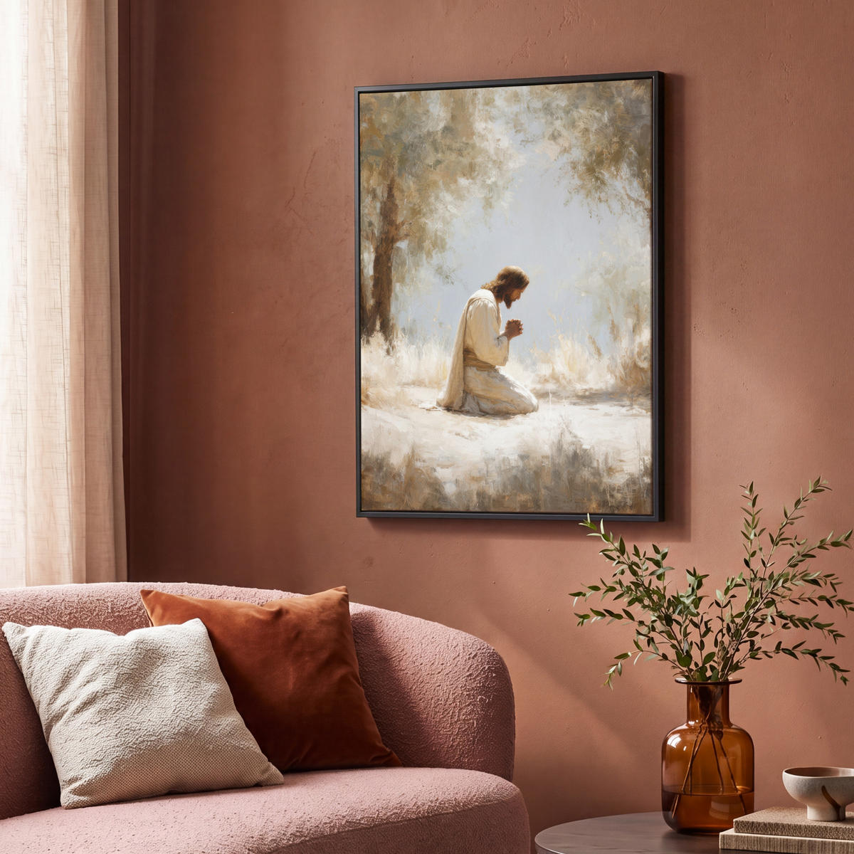 LEINWAND Bilder mit Rahmen - Jesus - Kniend - Waldlandschaft - Betend - 70x100 - Beige, Textil (70/100cm) - MuchoWow