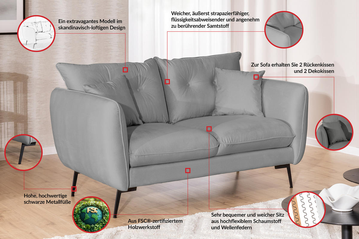 SITZGARNITUR 2+1 Nordloft Hellgrau Samt - Hellgrau/Schwarz, Holz/Textil (133/86/59cm) - S-Style Möbel