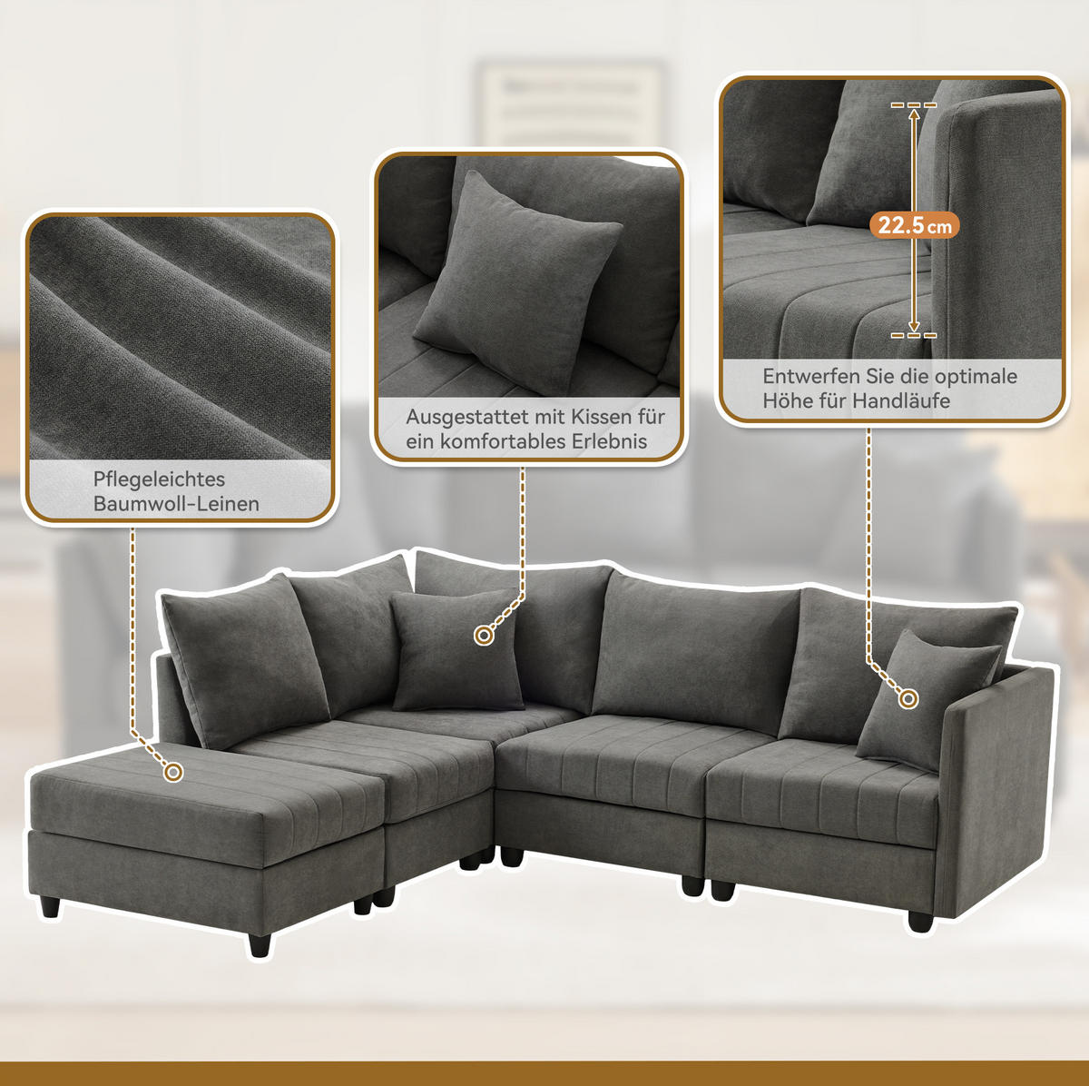 ECKSOFA 220/194/85 cm grau aus Baumwoll-Leinenstoff mit beweglichem Hocker - Grau, Textil (194/220cm) - OKWISH
