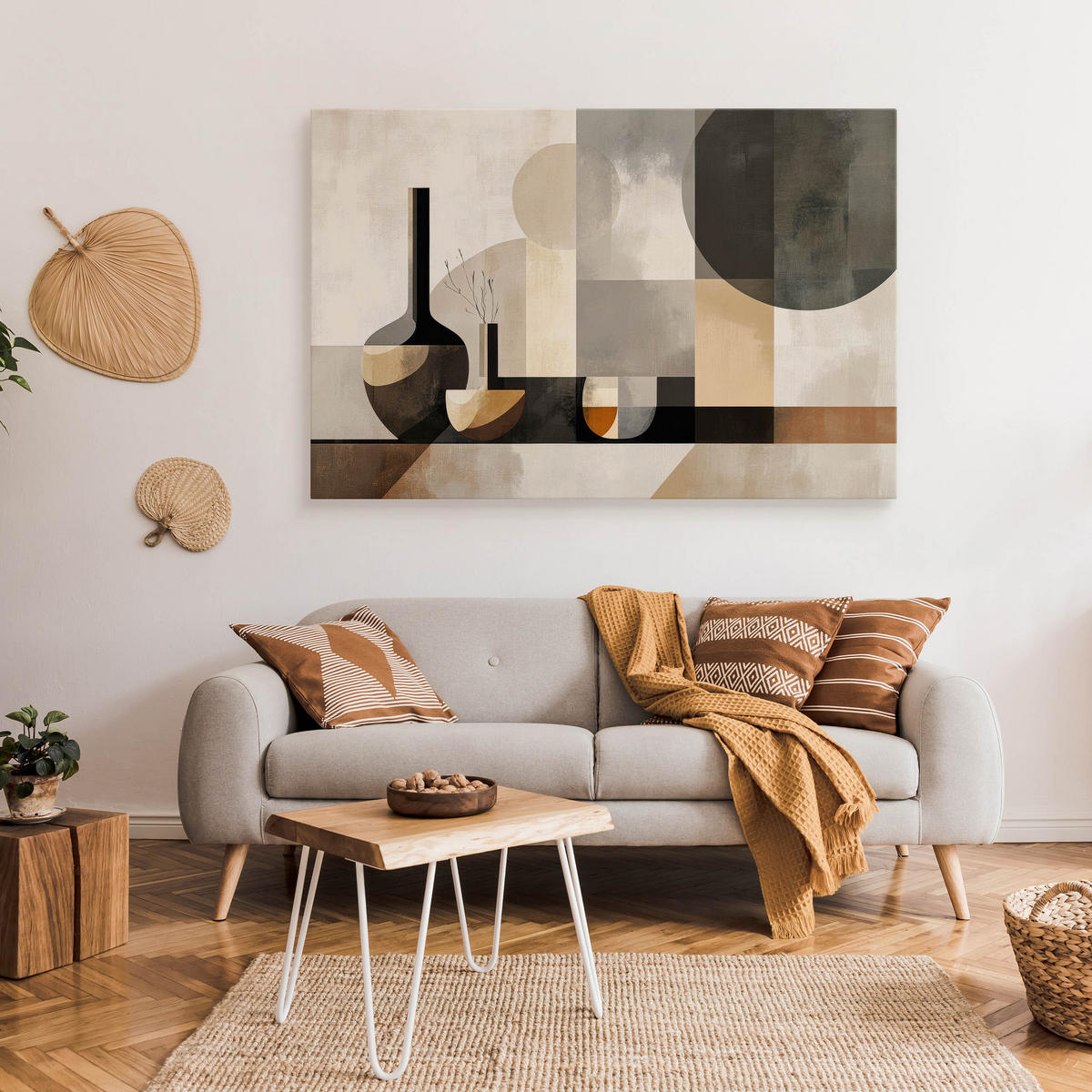 LEINWANDBILD Abstraktion Boho Stil 120/80 cm - Beige/Schwarz, Textil (120/80cm) - Muralo