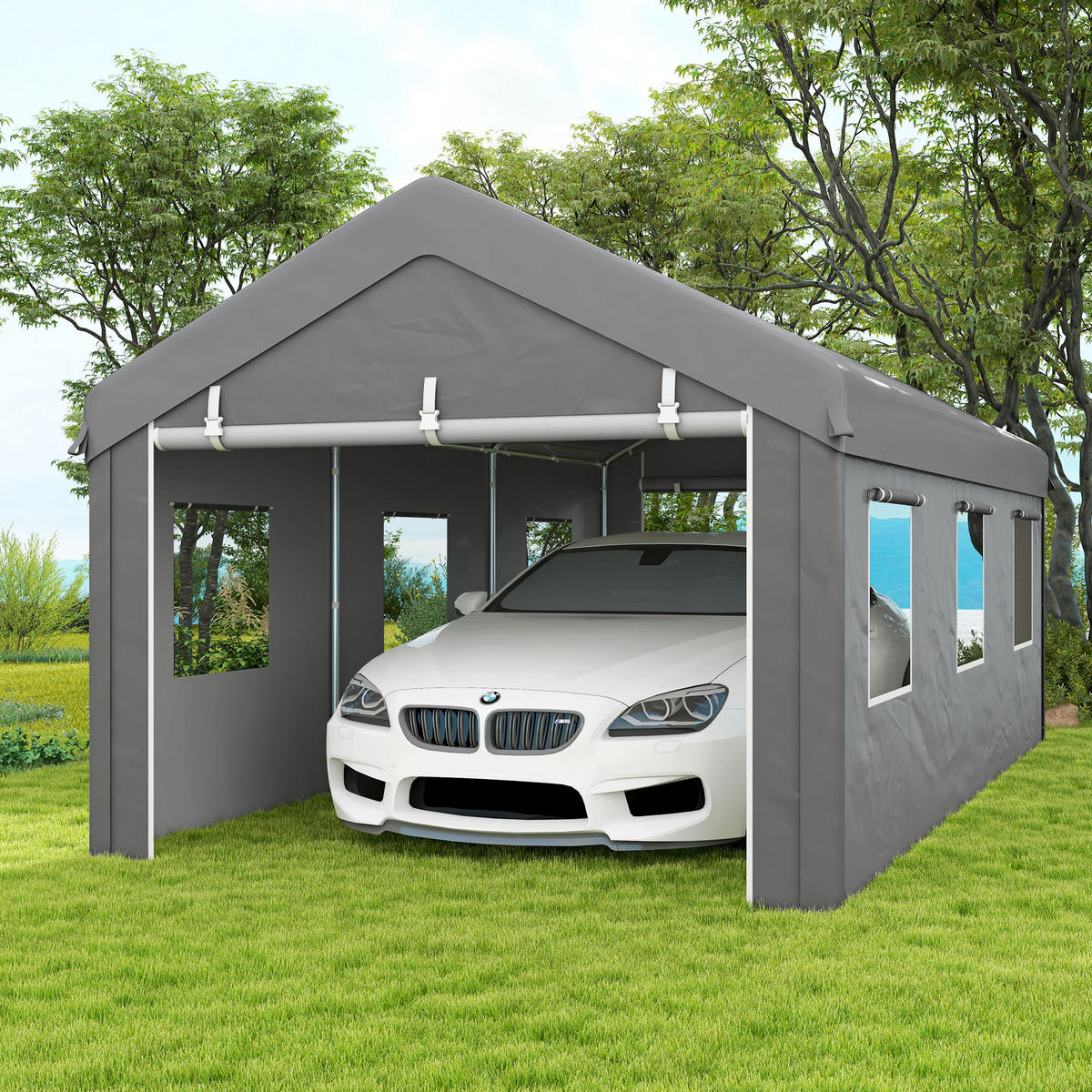 CARPORT DE-12609 600/295/278 cm 160 g/m² mit 2 Rolltüren und 6 Fenstern Grau - Hellgrau, Kunststoff (295/278/600cm) - ComfortXL