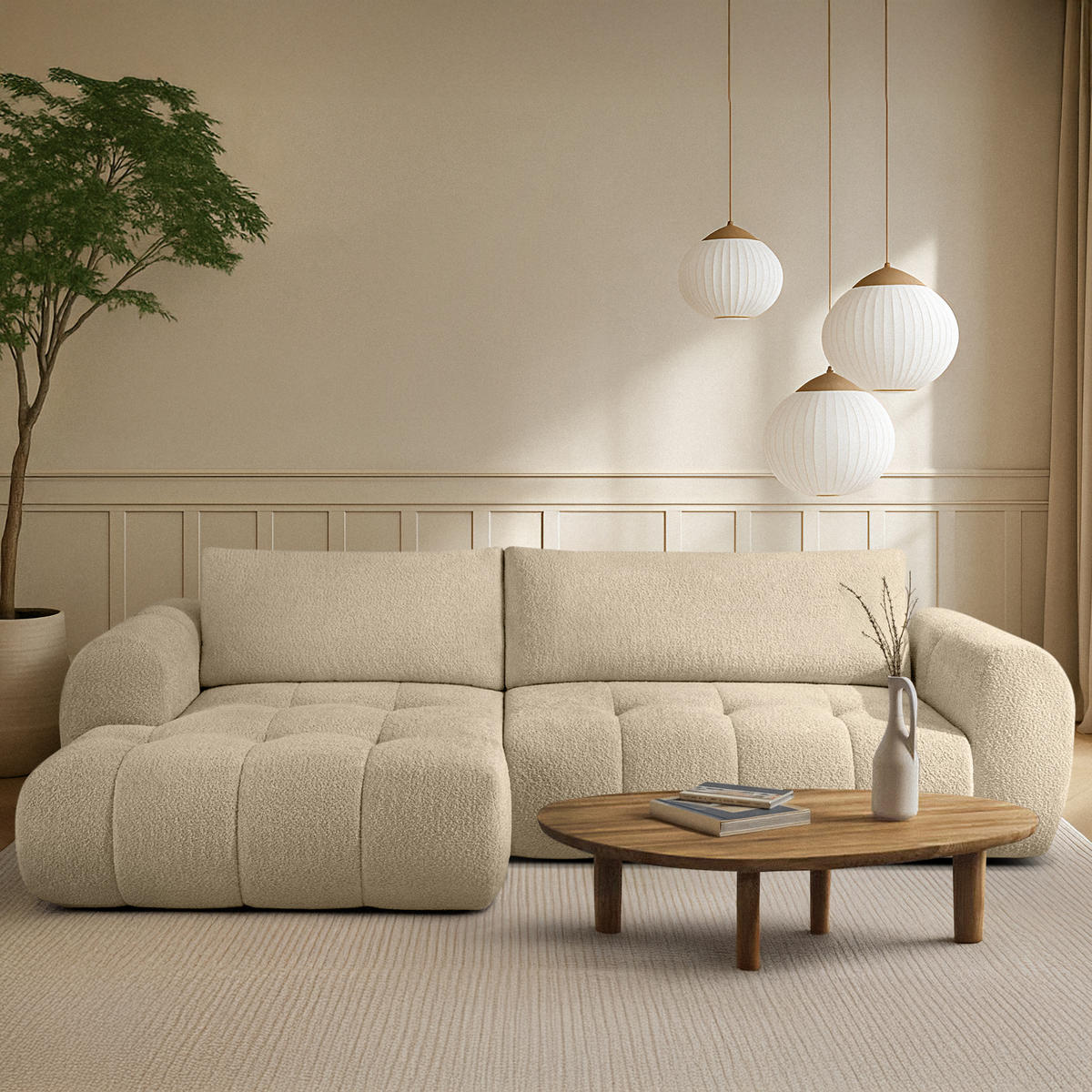 ECKSOFA LINKS LIRA, Hellbeige, Bouclé - Beige, Holz/Holzwerkstoff (295/112cm) - KONSIMO®