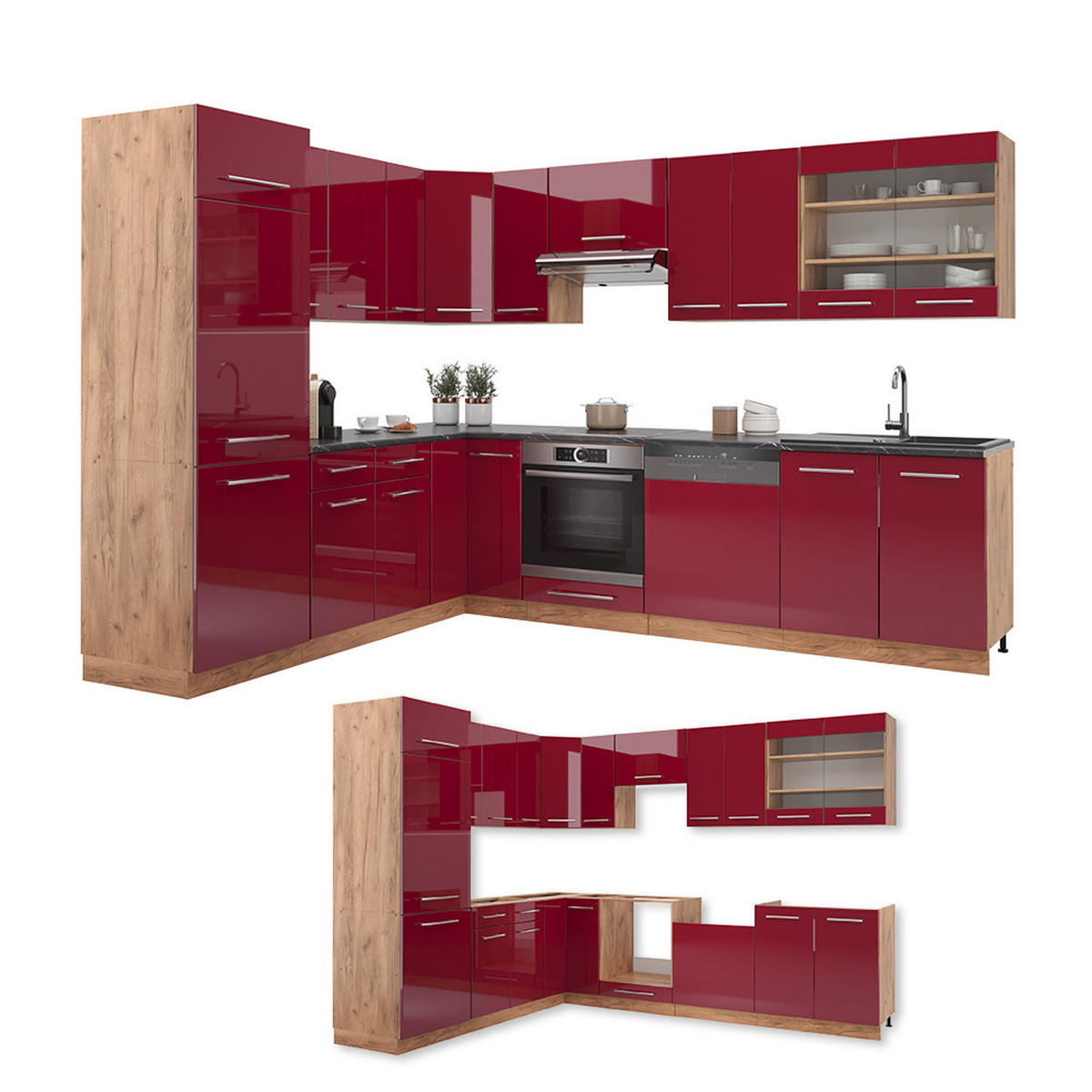 ECKKÜCHE Fame-Line Bordeaux Hochglanz/Goldkraft Eiche 227 x 60 cm ohne AP - Honigeiche/Bordeaux, Holzwerkstoff (287/81.6/46cm) - Vicco