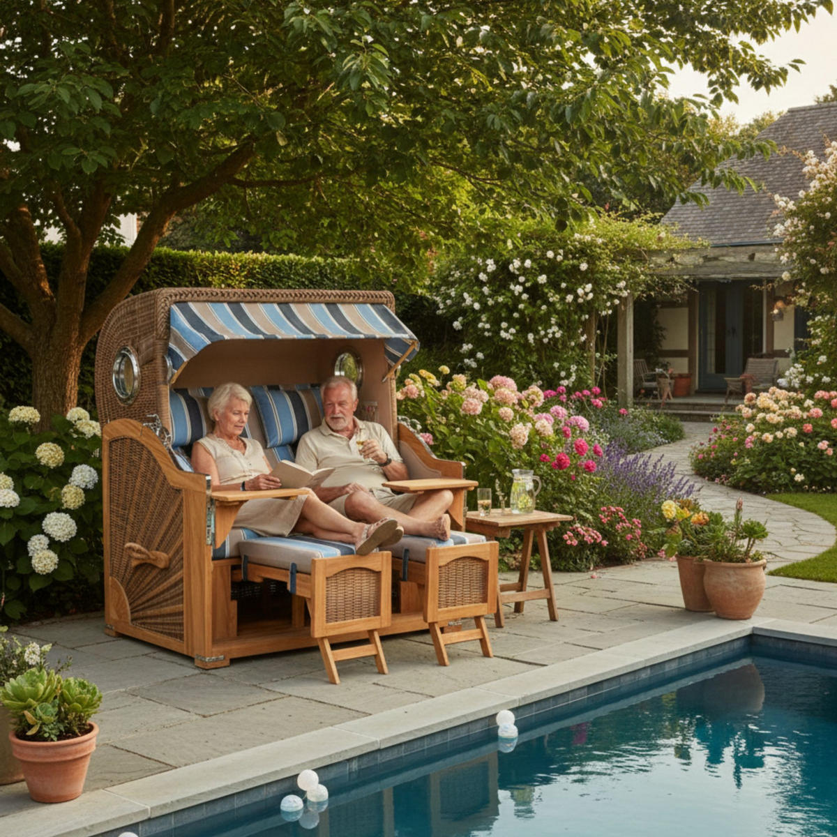 STRANDKORB XXL Düne Grande Teak Banana - Blaugrau/Braun, Metall (142/170/95cm) - Mr. Deko