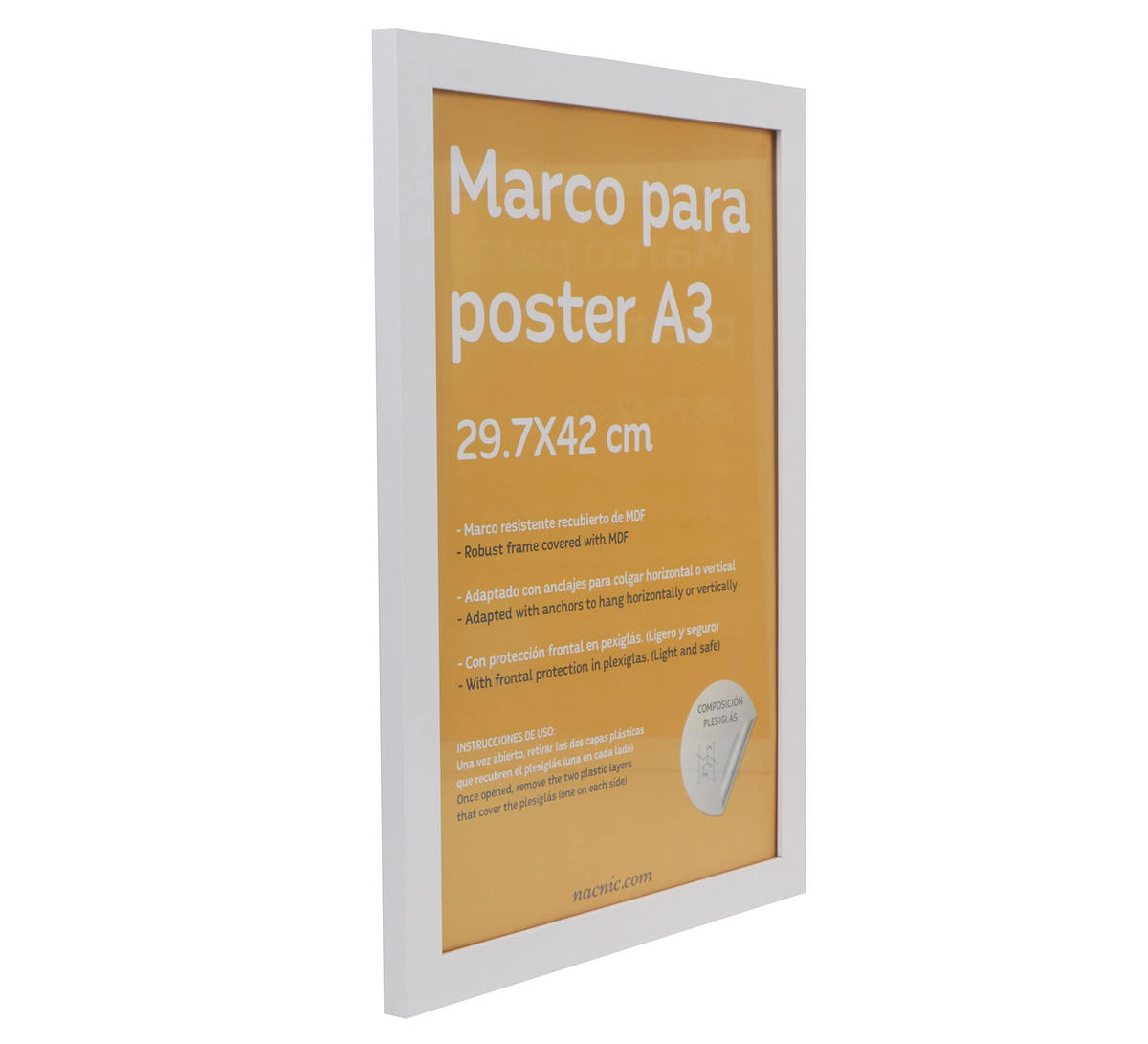 RAHMEN Set mit 3 aus MDF und Acrylglas Schutz und Aussteller für Fotografien, Bilder, Poster, Gemälde, Dekoration für Haus Farbe Weiß A3 - Weiß, Holz (29.7/3/42cm) - Nacnic