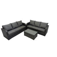 GARTENMÖBEL-SET mit Kissen Polyrattan Dunkelgrau 6-Sitzer - Dunkelgrau/Grau, Glas/Kunststoff - Fimous