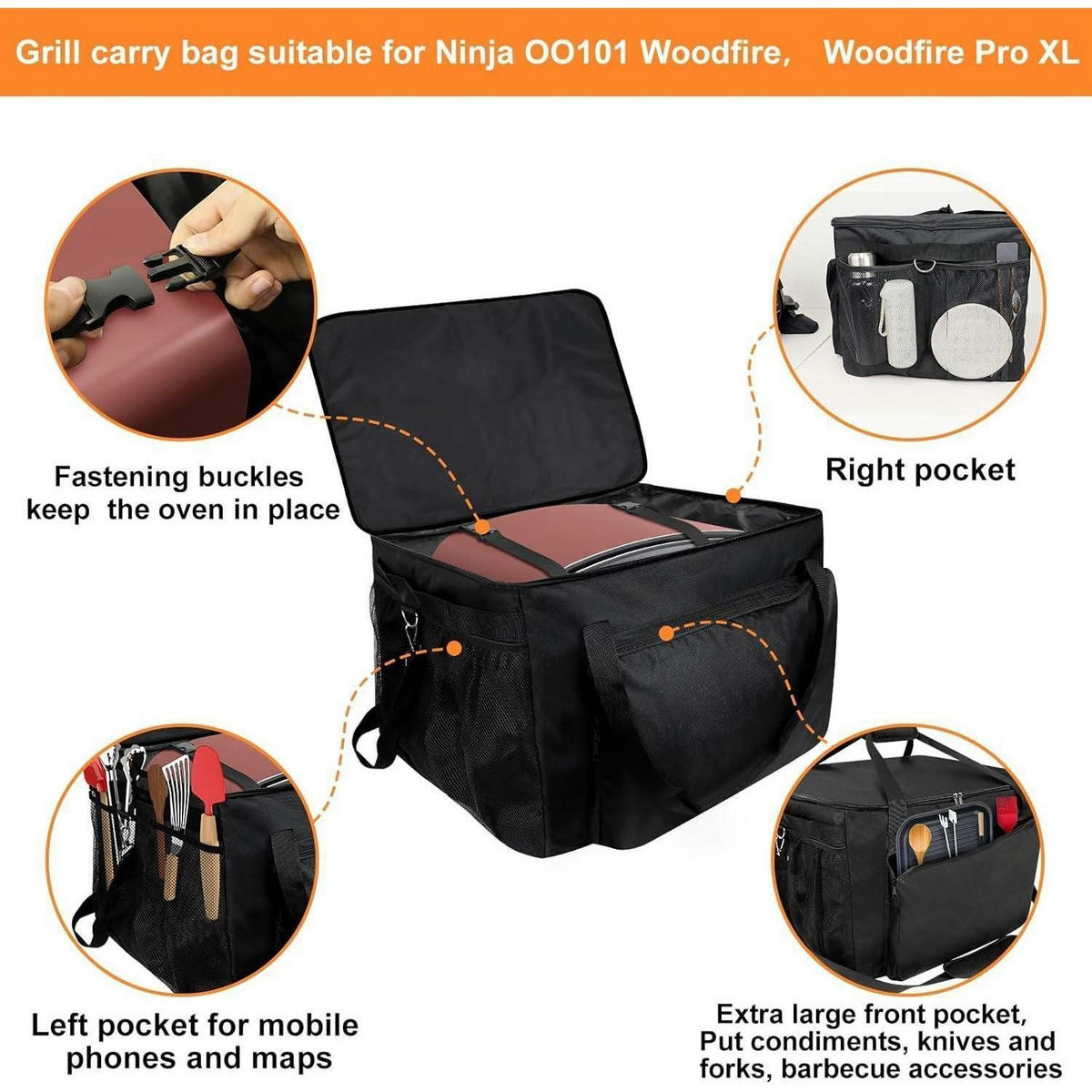 GRILL-TRAGETASCHE für Ninja Woodfire Outdoor Pizzaofen OO101, wasserabweisend, 600D Oxford-Gewebe - Schwarz, Textil (50/40/58cm)