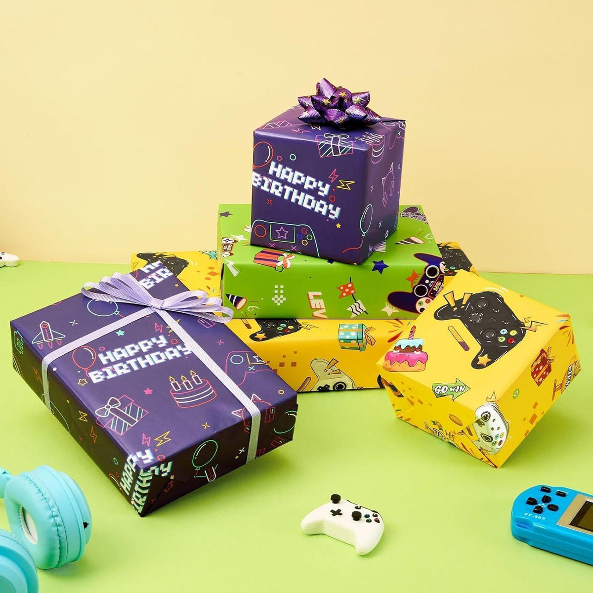 GESCHENKPAPIER 3-teiliges Set Gaming Motiv 43 cm x 3 m - Multicolor, Papier (43.2/43.2/43.2cm)