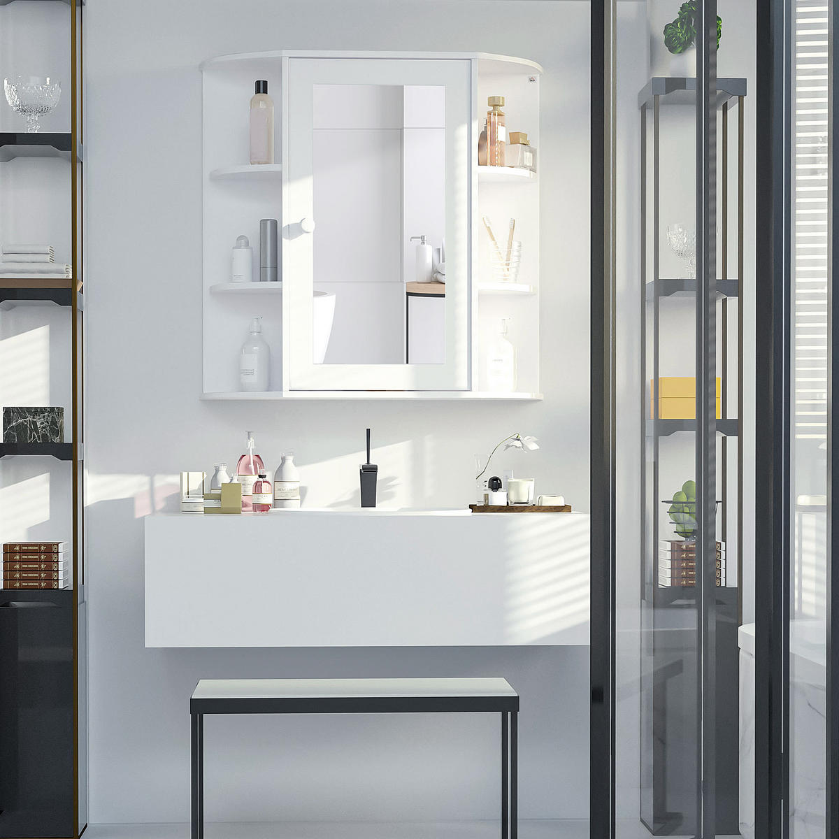 SPIEGELSCHRANK, MDF, Weiß, 66 x 17 x 63 cm - Weiß, Metall (17/63/66cm) - HOMCOM