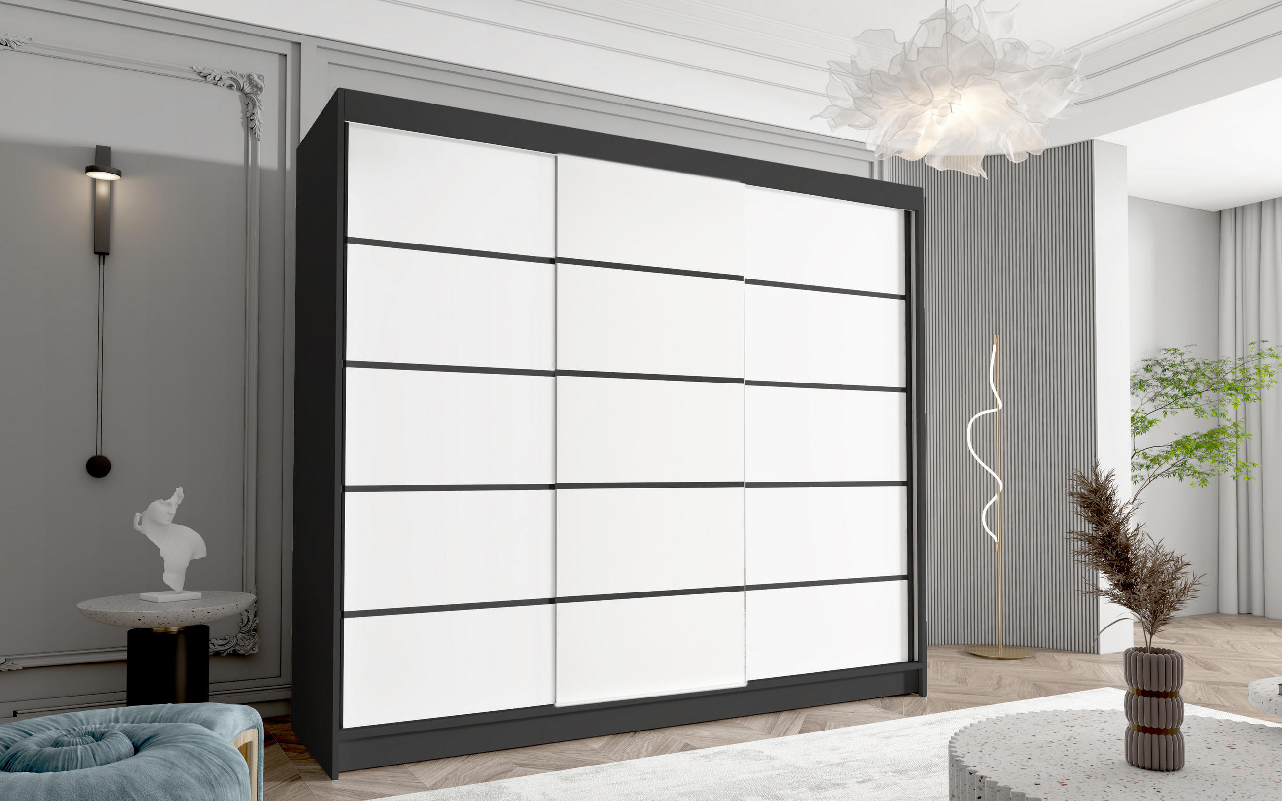 SCHWEBETÜRENSCHRANK Davos VII - 250 cm - Schwarz/Weiß, Holzwerkstoff/Metall (250/215/58cm) - Sofnet