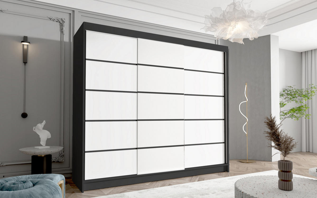 SCHWEBETÜRENSCHRANK Davos VII - 250 cm - Schwarz/Weiß, Holzwerkstoff/Metall (250/215/58cm) - Sofnet