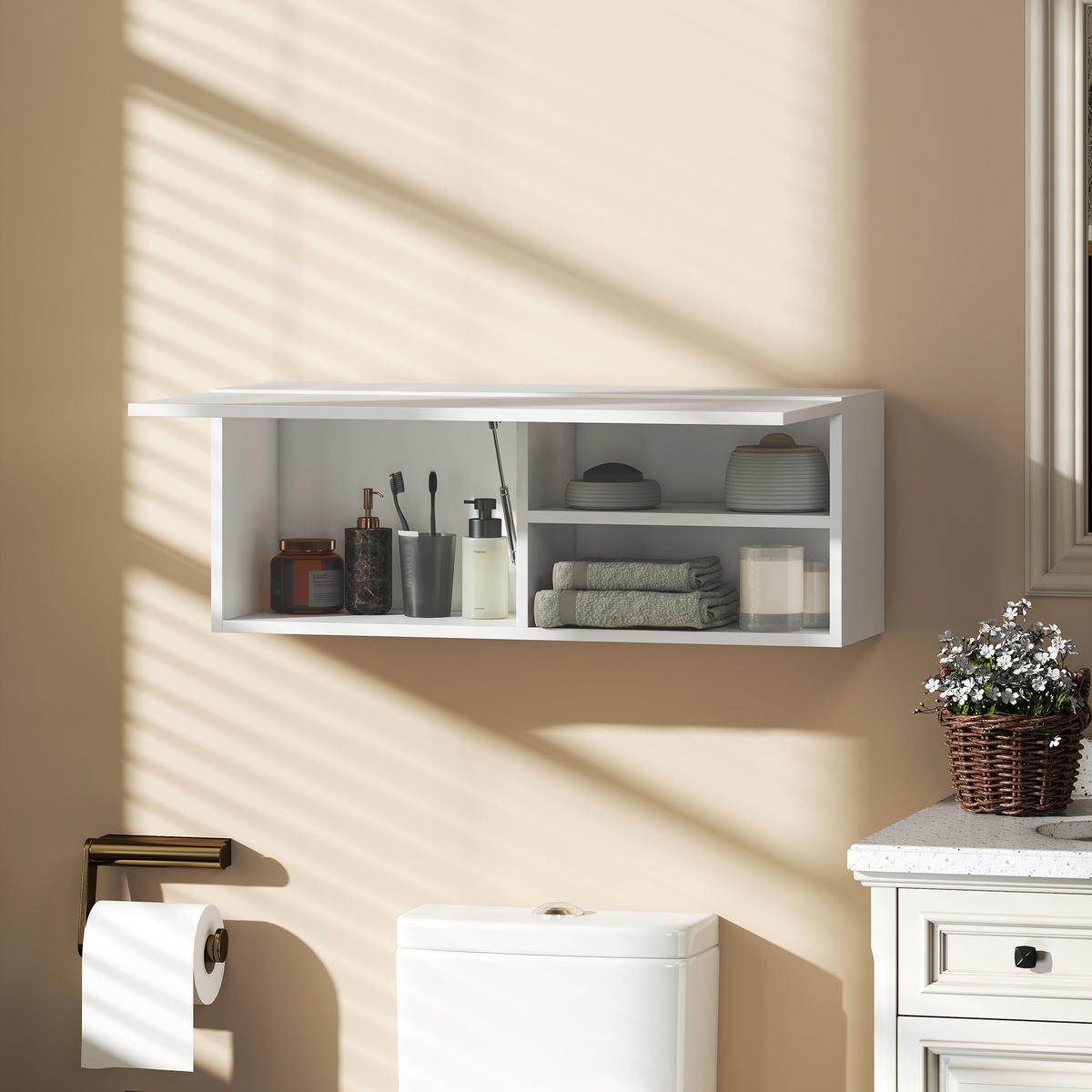 BADEZIMMERSCHRANK Hängeschrank Wandschrank mit nach oben klappbarer Tür Weiß - Weiß, Holzwerkstoff (25/30/80cm) - HOMCOM