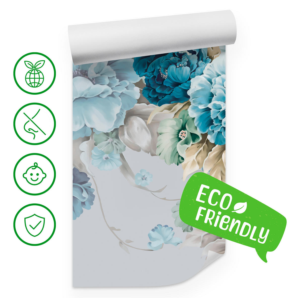 FOTOTAPETE für Schlafzimmer Blaue Pfingstrosen Zart Blumen Boho 450x315 - Blau/Gelb, Papier (450/315cm) - Muralo