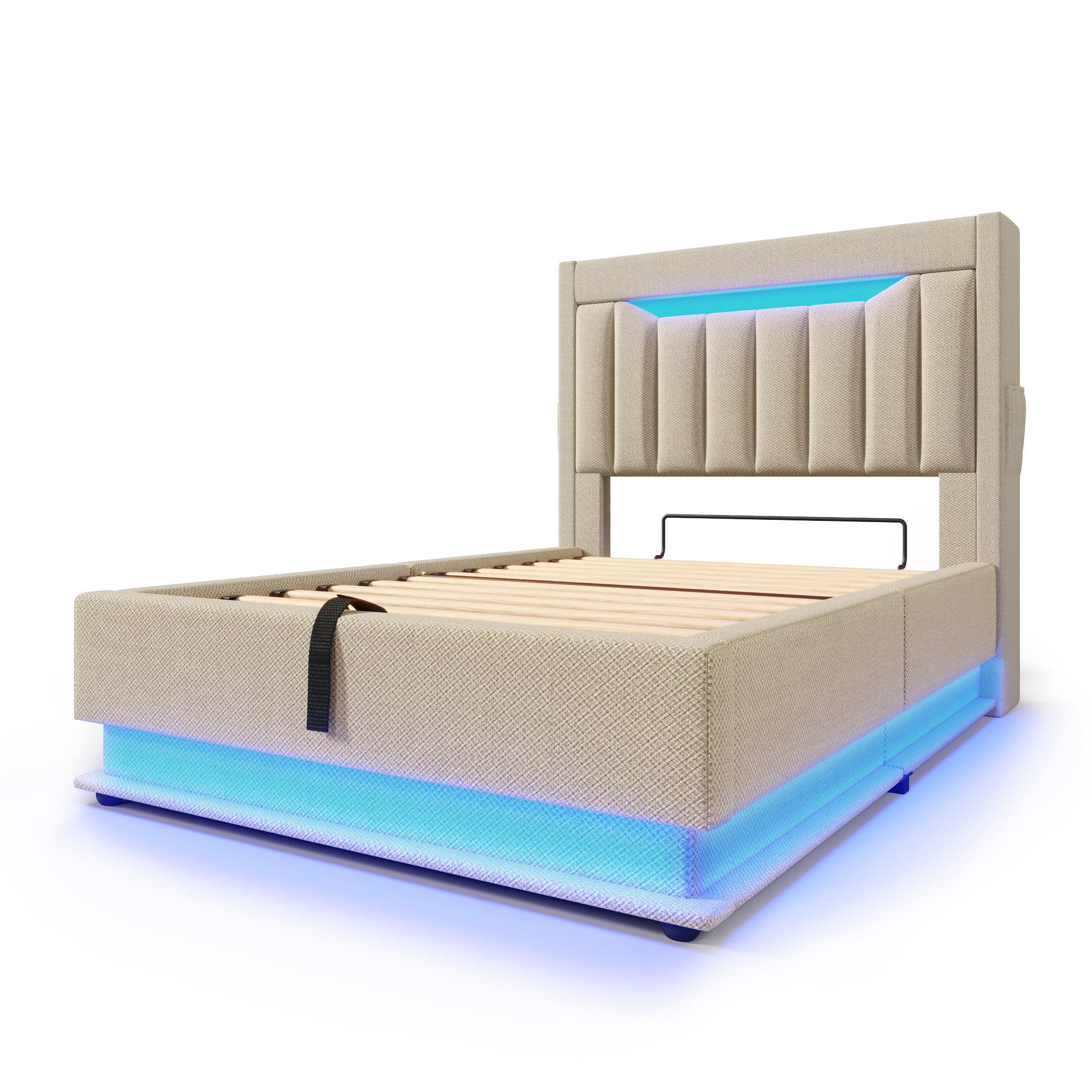 POLSTERBETT aus Leinen 90x200 cm in Beige mit LED & USB/Typ-C - Beige, Textil (90/200cm) - Modfu