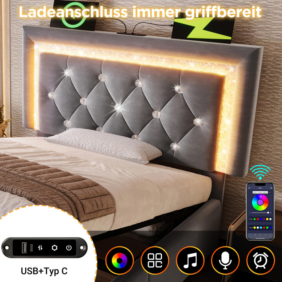 POLSTERBETT 90/200 cm Grau aus Samt mit LED-Beleuchtung und Stauraum - Grau, Textil (90/200cm) - Flora Grace