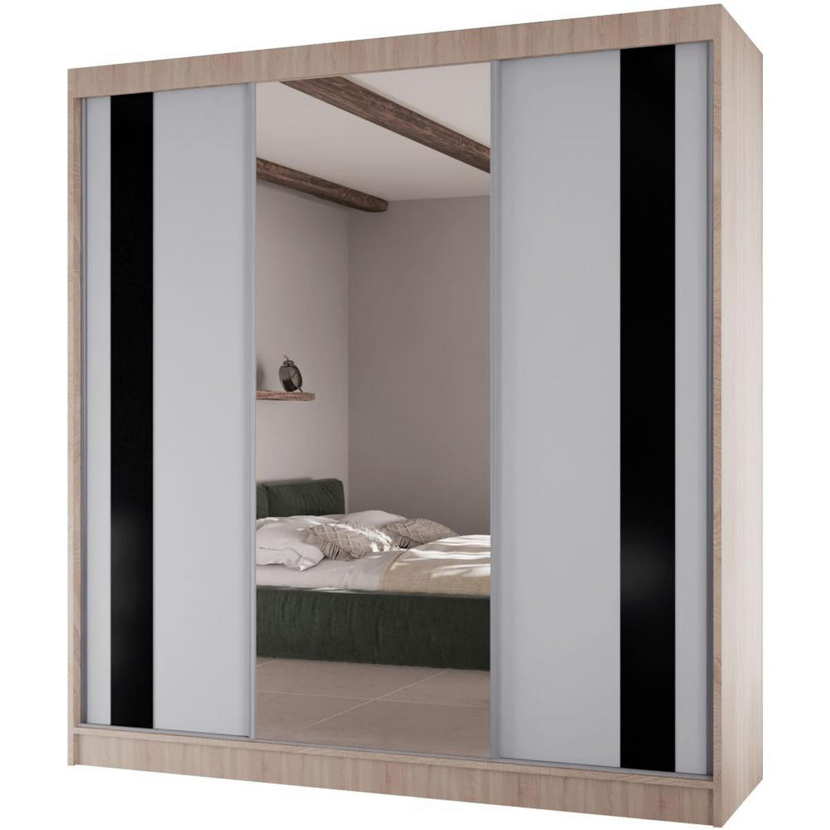 SCHWEBETÜRENSCHRANK Como II 200/61/215 eiche sonoma+weiß - Schwarz/Weiß, Holzwerkstoff (200/215/61cm) - Beautysofa
