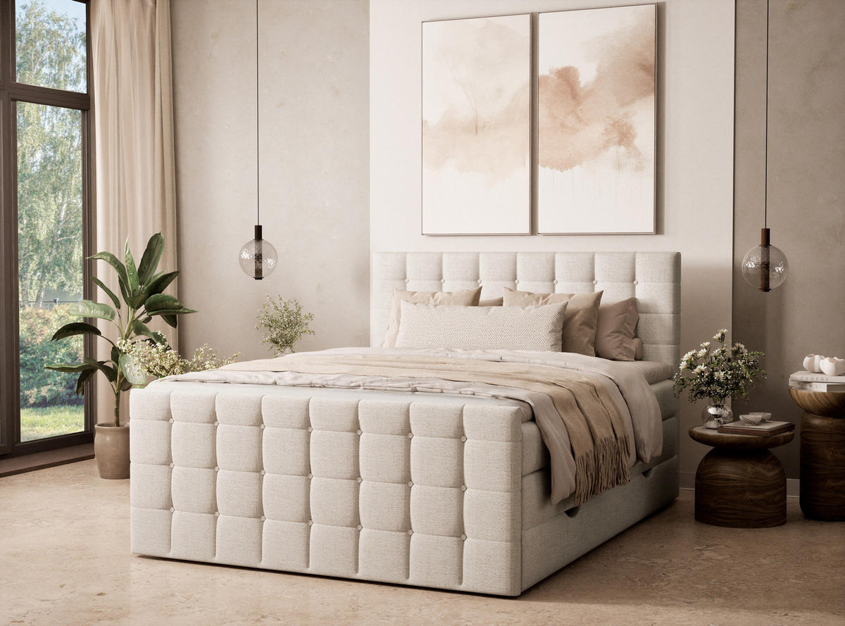 BOXSPRINGBETT Tasca 140/200 cm, in Beige, Bettkasten, Matratze, Topper - Beige/Schwarz, Holz/Holzwerkstoff (140/200cm) - Maison de Reve