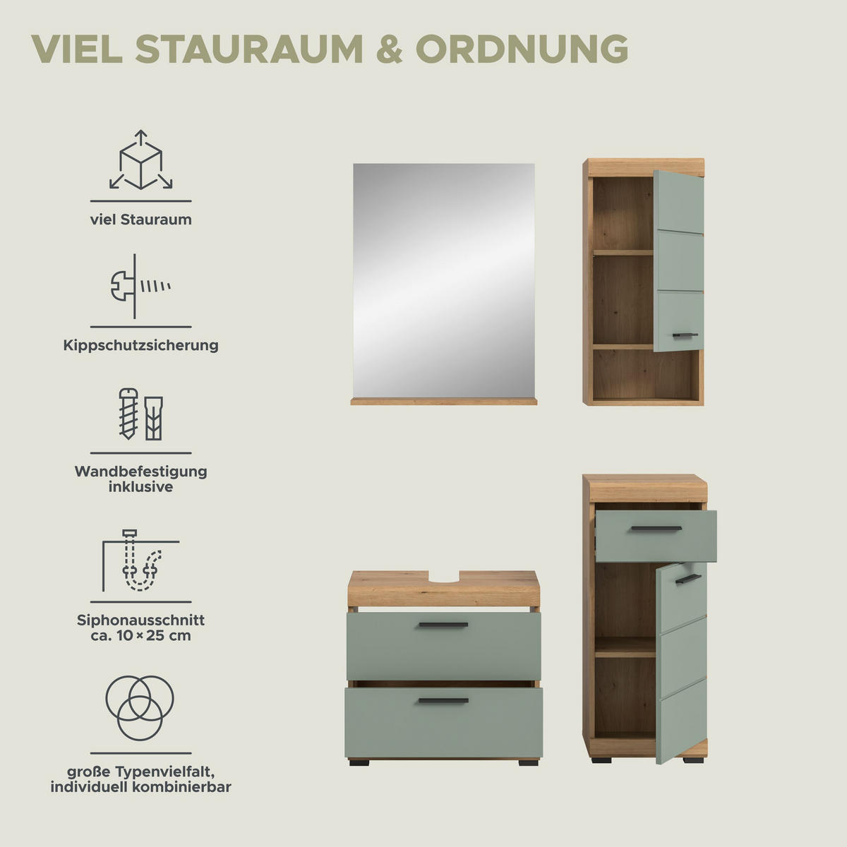 BADKOMBINATION 4tlg. Scout Bad in Artisan Eiche Nachbildung und Salbei Nachbildung B/H/T: 112x191x34 cm - Eiche Artisan, Holz (112/191/37cm)