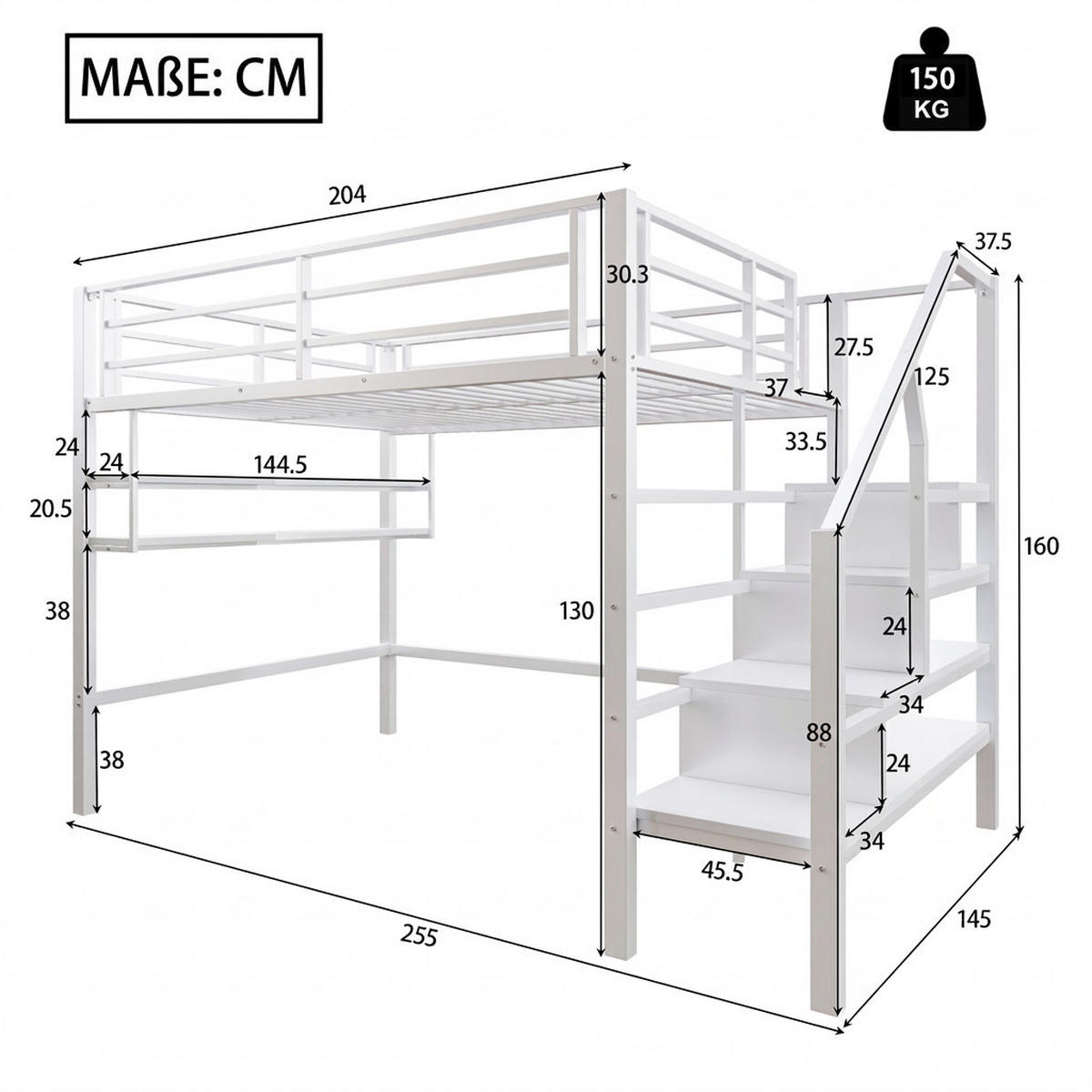 HOCHBETT 140/200 cm Weiß mit Einlegeböden und Stauraumleiter - Weiß, Metall (140/200cm) - Oxeza