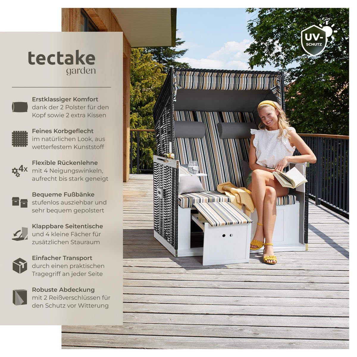 STRANDKORB Sylt,115 x 158 x 78 cm,schwarz/grau/braun - Schwarz/Braun, Holz (78/158/115cm) - tectake