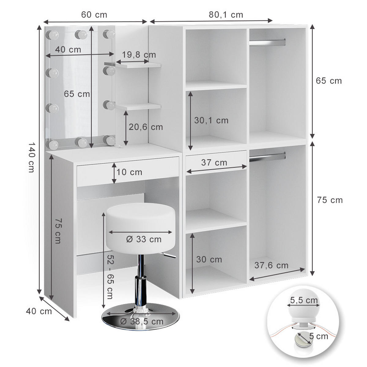 SCHMINKTISCH Isabelle Weiß 60 cm mit LED, Hocker und Schränken - Weiß, Holzwerkstoff (60/140/40cm) - Vicco