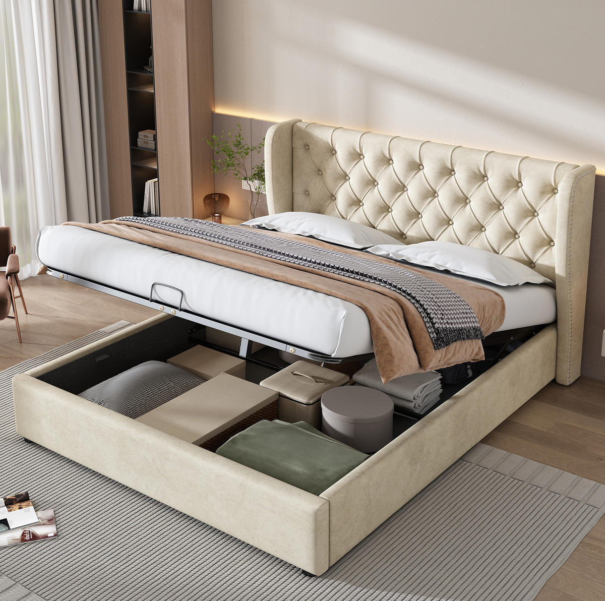 POLSTERBETT aus Samt 160x200 cm Beige mit Bettkasten und Lattenrost - Beige, Textil (160/200cm) - IVMEU