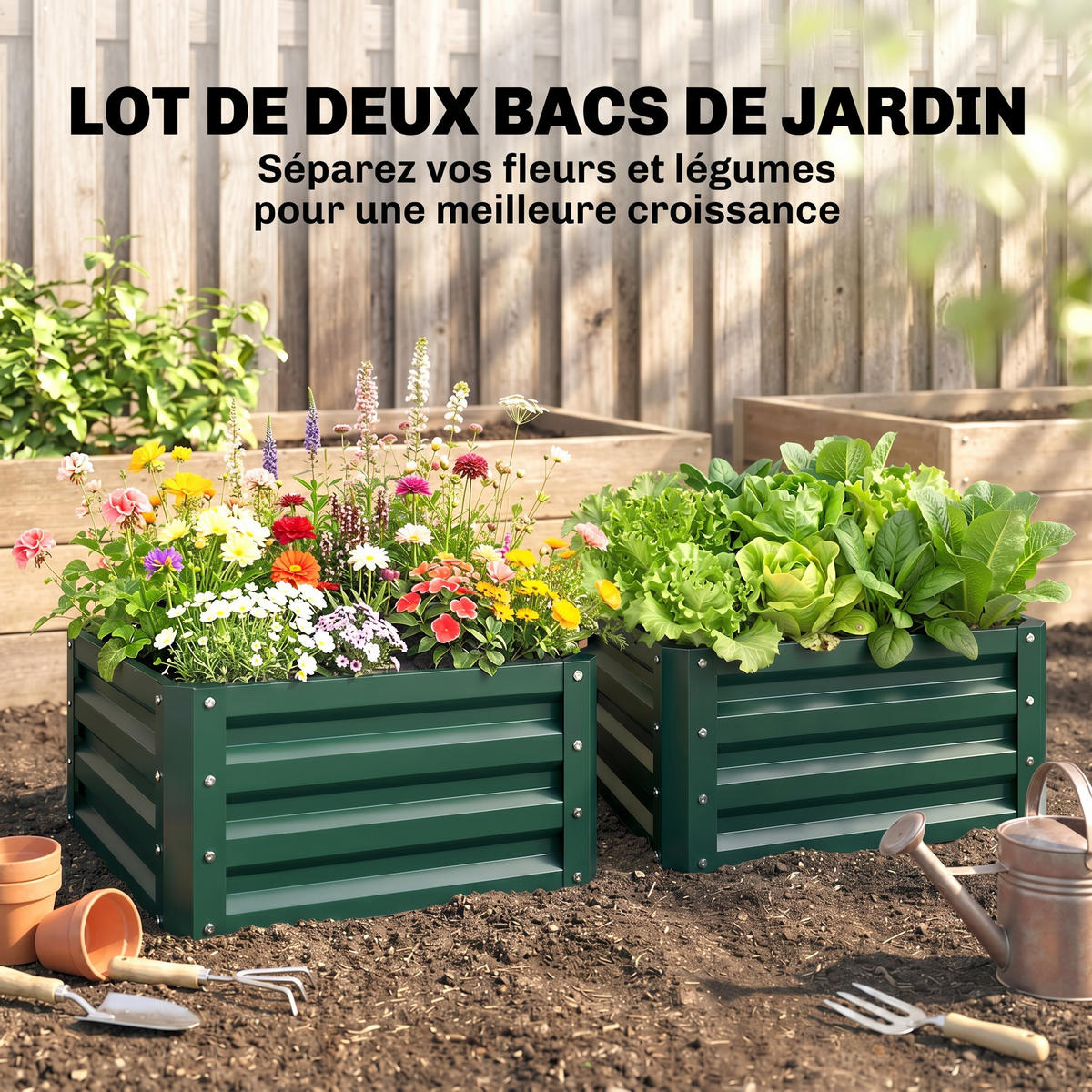 HOCHBEET-SET DE-12251 2er-Set 60/60/30,5 cm mit offenem Boden Grün - Grün, Metall (60/30.5/60cm) - ComfortXL