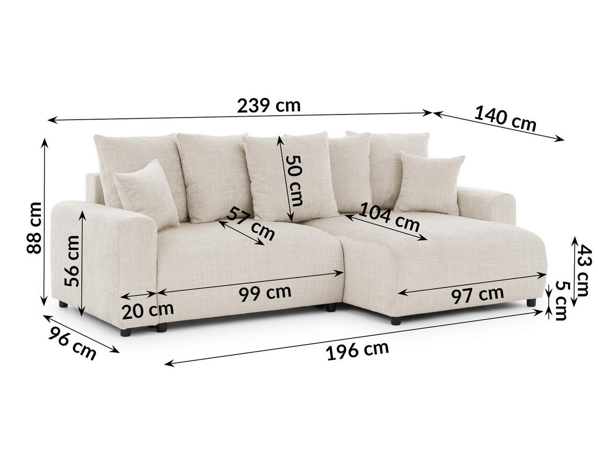 ECKSOFA Calma mit Schlaffunktion und Bettkasten im Bumpy-Design aus weichem Beige Chenille-Stoff - Ottomane rechts - Beige/Schwarz, Holz/Kunststoff (239/140cm) - S-Style Möbel