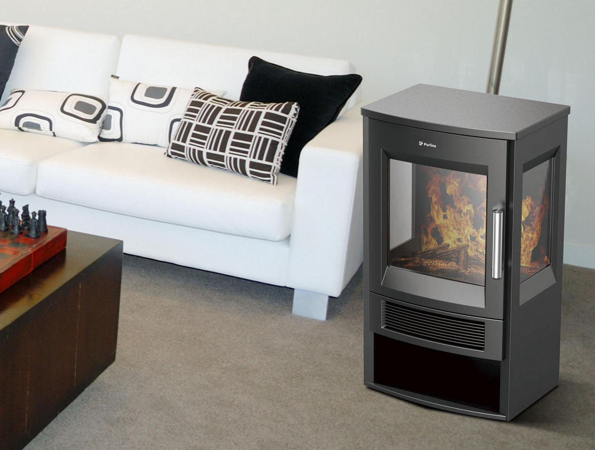 ELEKTROKAMIN Schwarz Bodenmodell mit integrierter Heizung 1800 W - Schwarz, Glas (44/75/35cm) - Purline